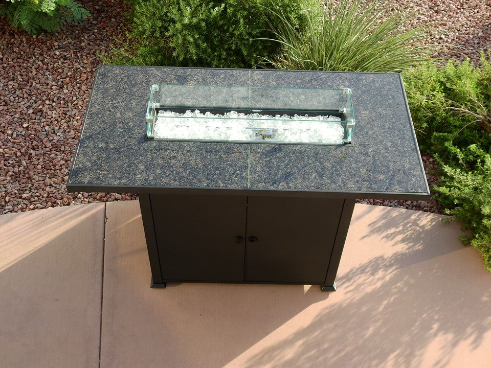 Hiland Fire Pit Rectangular Bar Height Granite Top with Wind Screen -Black- Lifestyle Patio