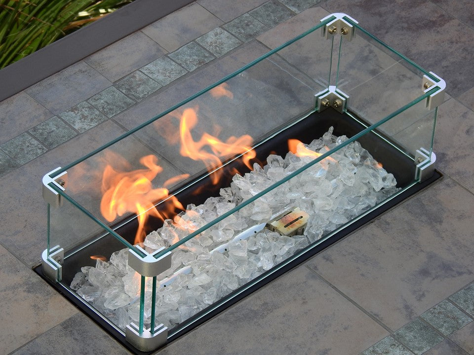 Hiland Fire Pit Rectangular Bar Height Granite Top with Wind Screen - Mocha Brown- AFP-BAR-SLT-  Wind Glass