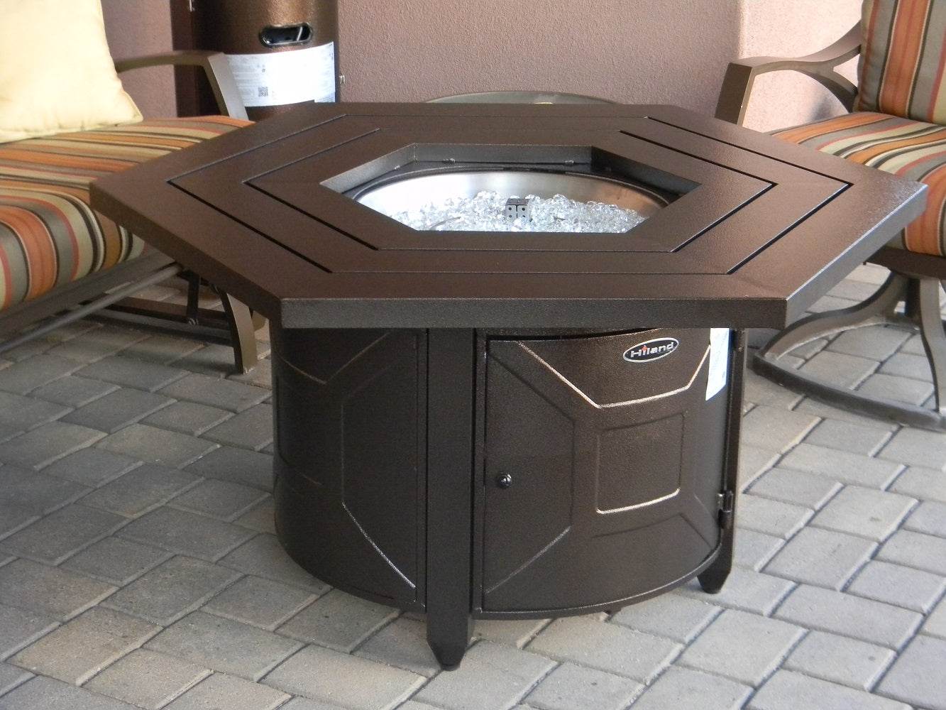 Hiland Hexagon Fire Pit -Hammered Bronze- F-HEX-FPT- Lifestyle Patio Lid Open