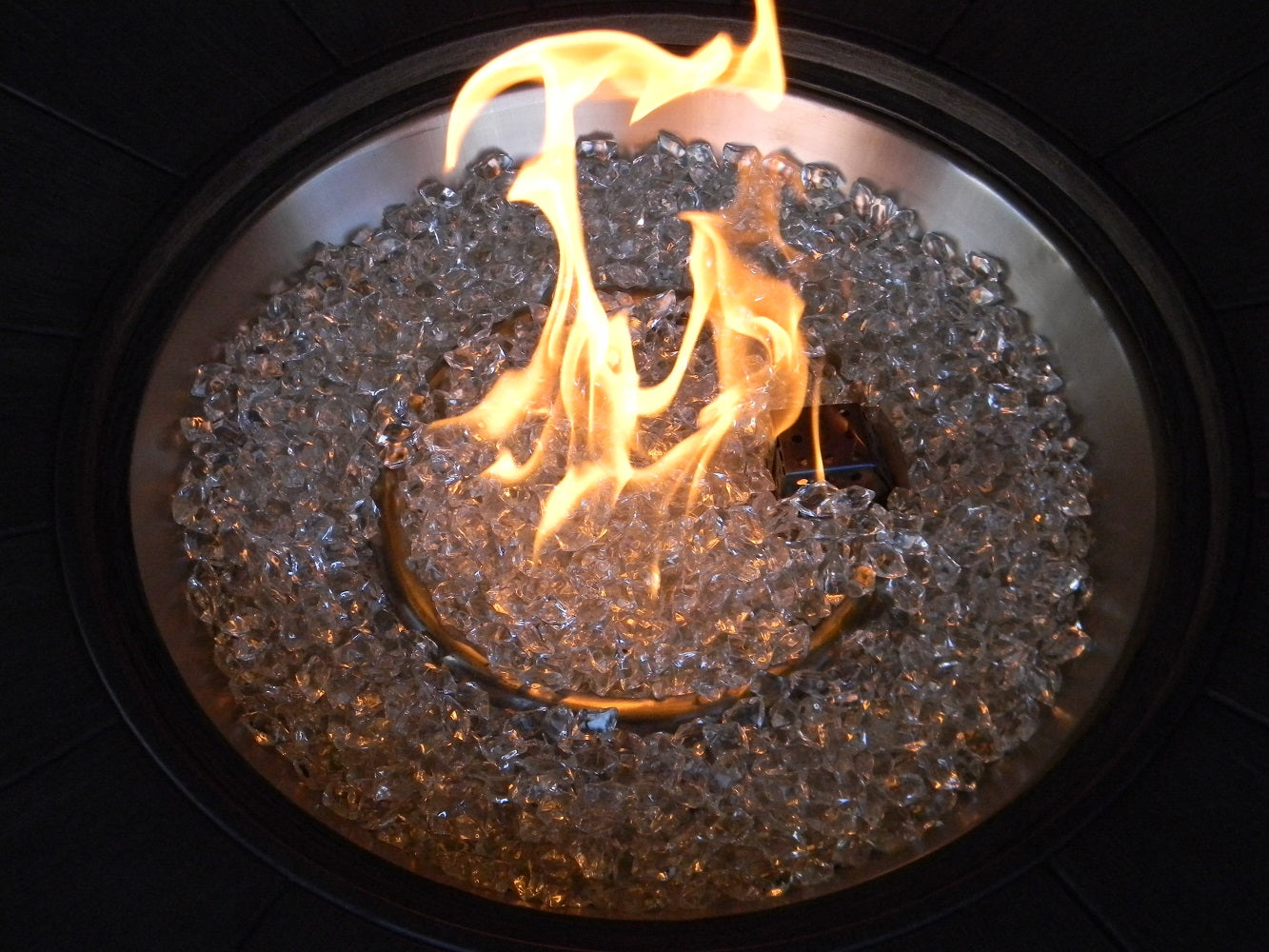 Hiland Round Fire Pit - Brushed Wood - FS-2017-FPT- Close Up Fire Glass