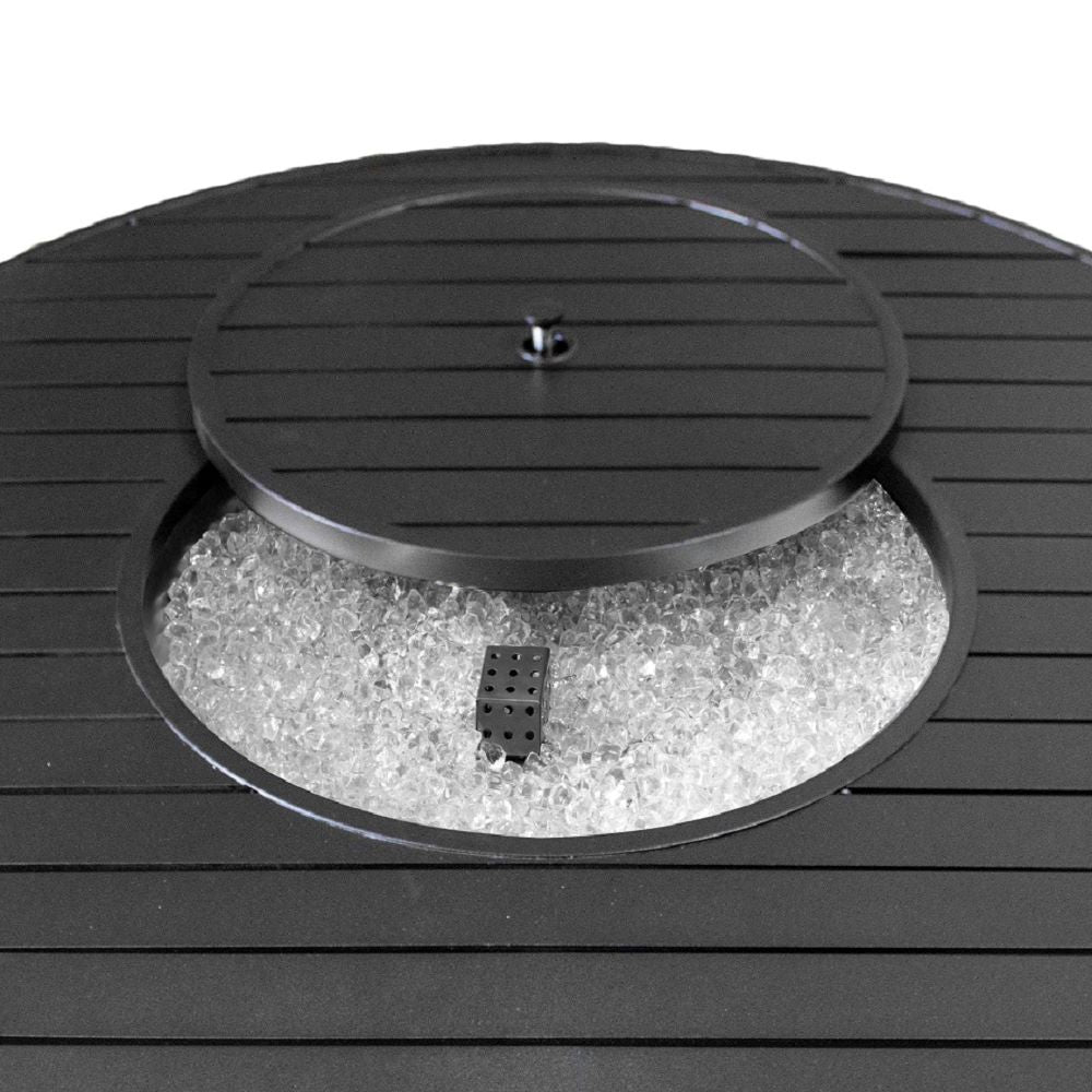Hiland Round Slatted Cast Aluminum Fire Pit-F-1350-FPT- Close up Detain With Open Lid