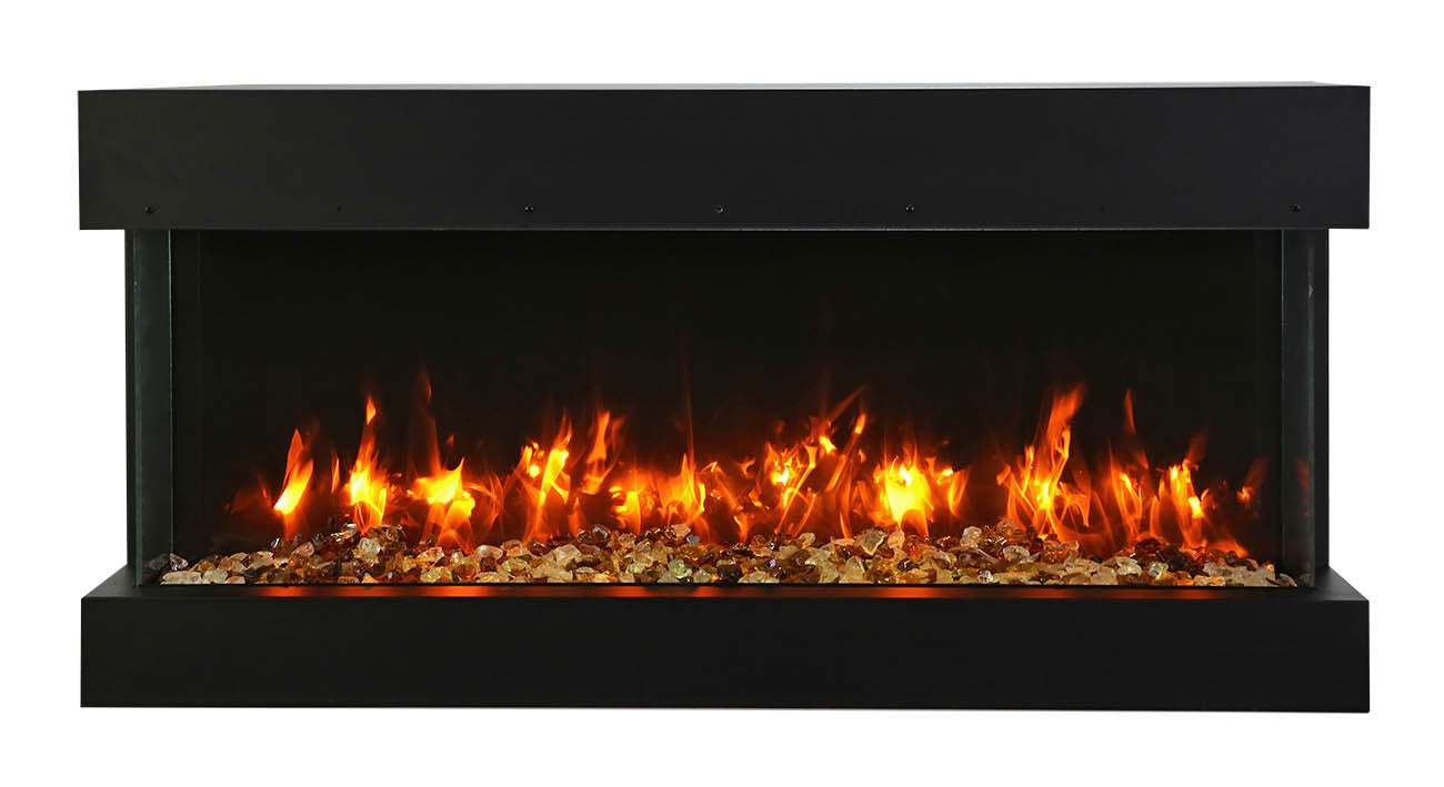 Remii by Amantii 72" BAY-SLIM Series 3 Sided Glass Electric Fireplace- 72-BAY-SLIM- Front View With Brown Mix Yellow Flame