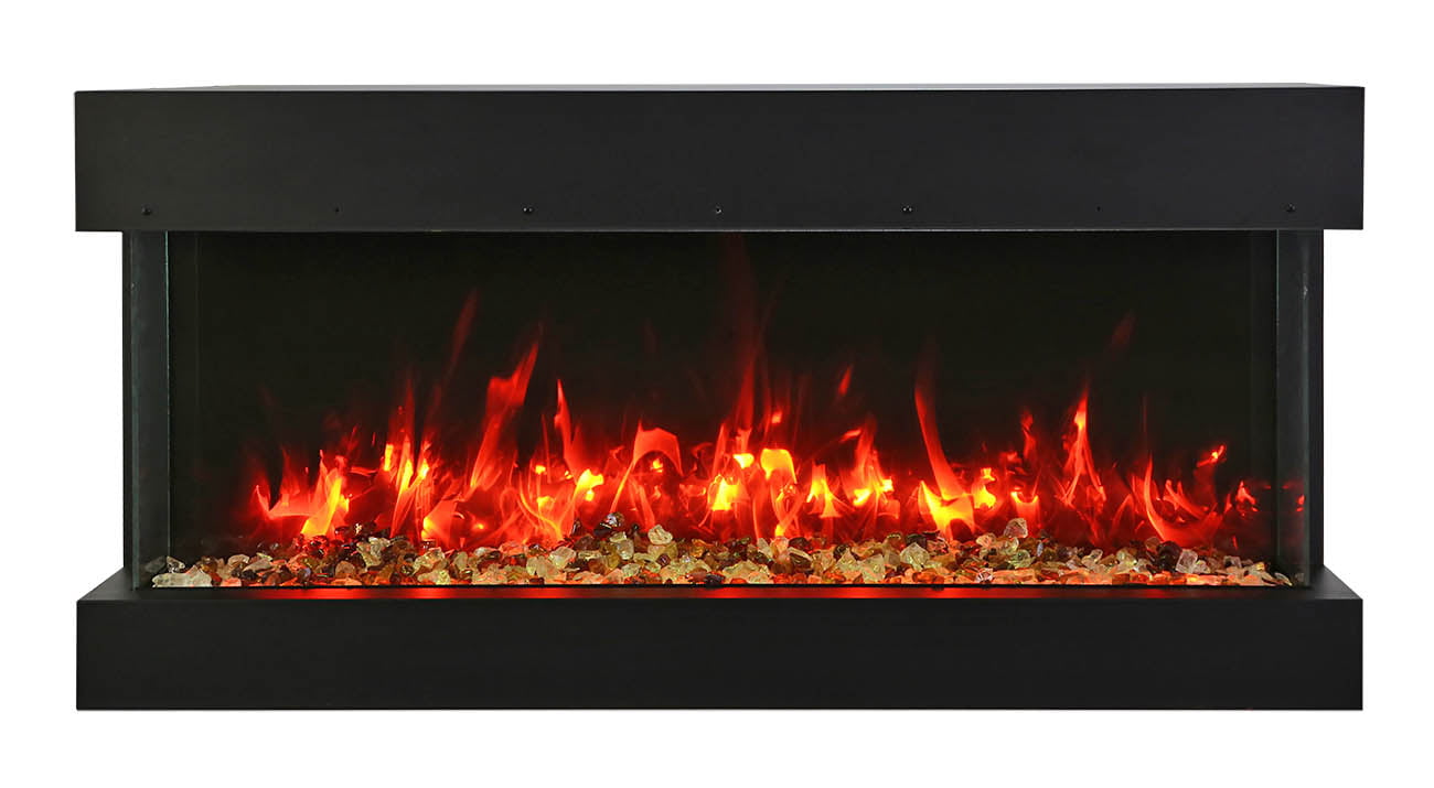 Remii by Amantii 50" BAY-SLIM Series 3 Sided Glass Electric Fireplace-50-BAY-SLIM- Front view With Brown Mix Red Flame