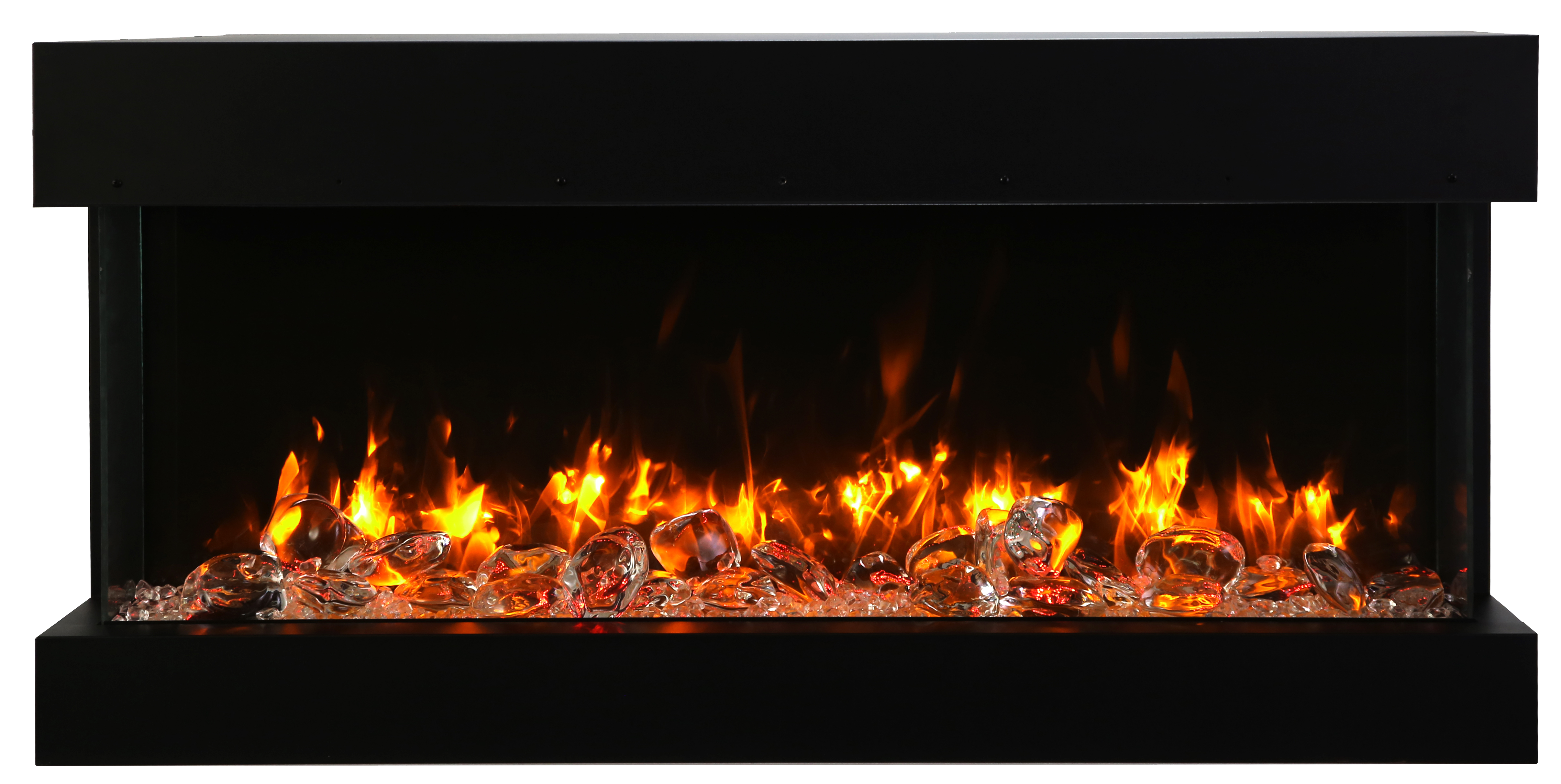 Remii by Amantii 40" BAY-SLIM Series 3 Sided Glass Electric Fireplace- 40-BAY-SLIM- Front View With Glass Chunks