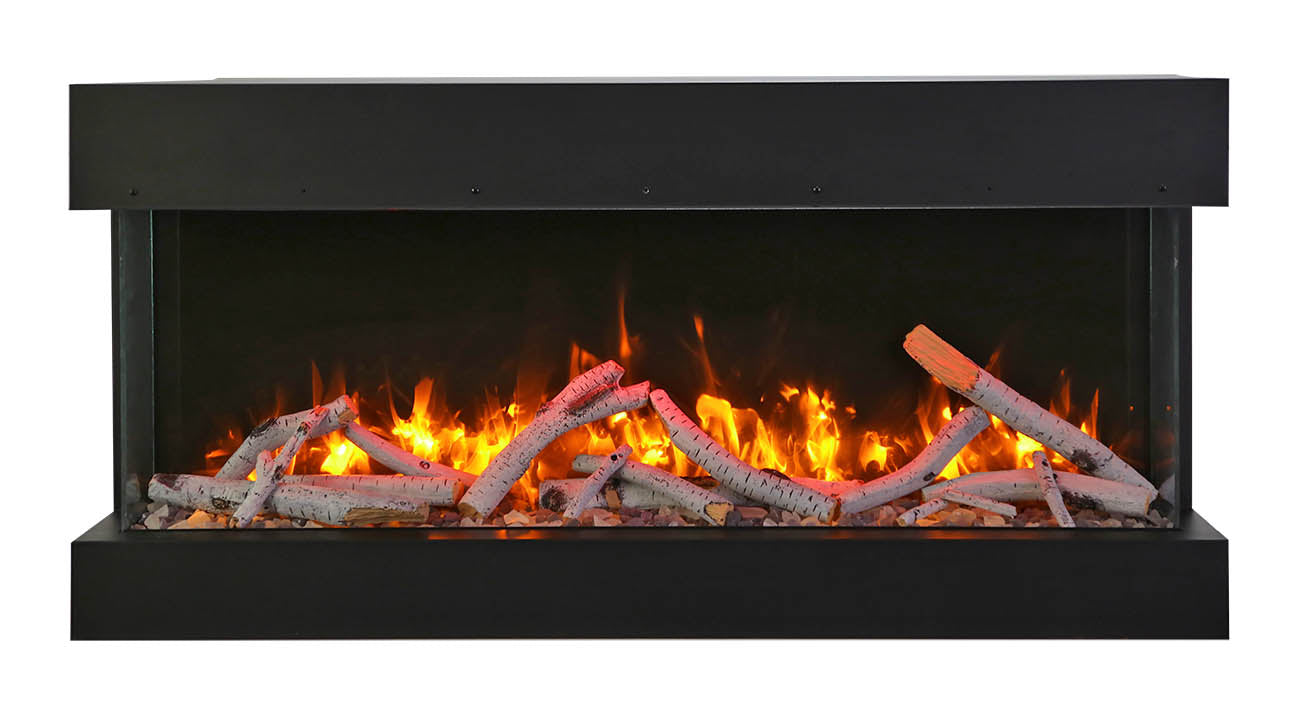 Remii by Amantii 72" BAY-SLIM Series 3 Sided Glass Electric Fireplace- 72-BAY-SLIM- Front View With Birch Log Yellow Flame