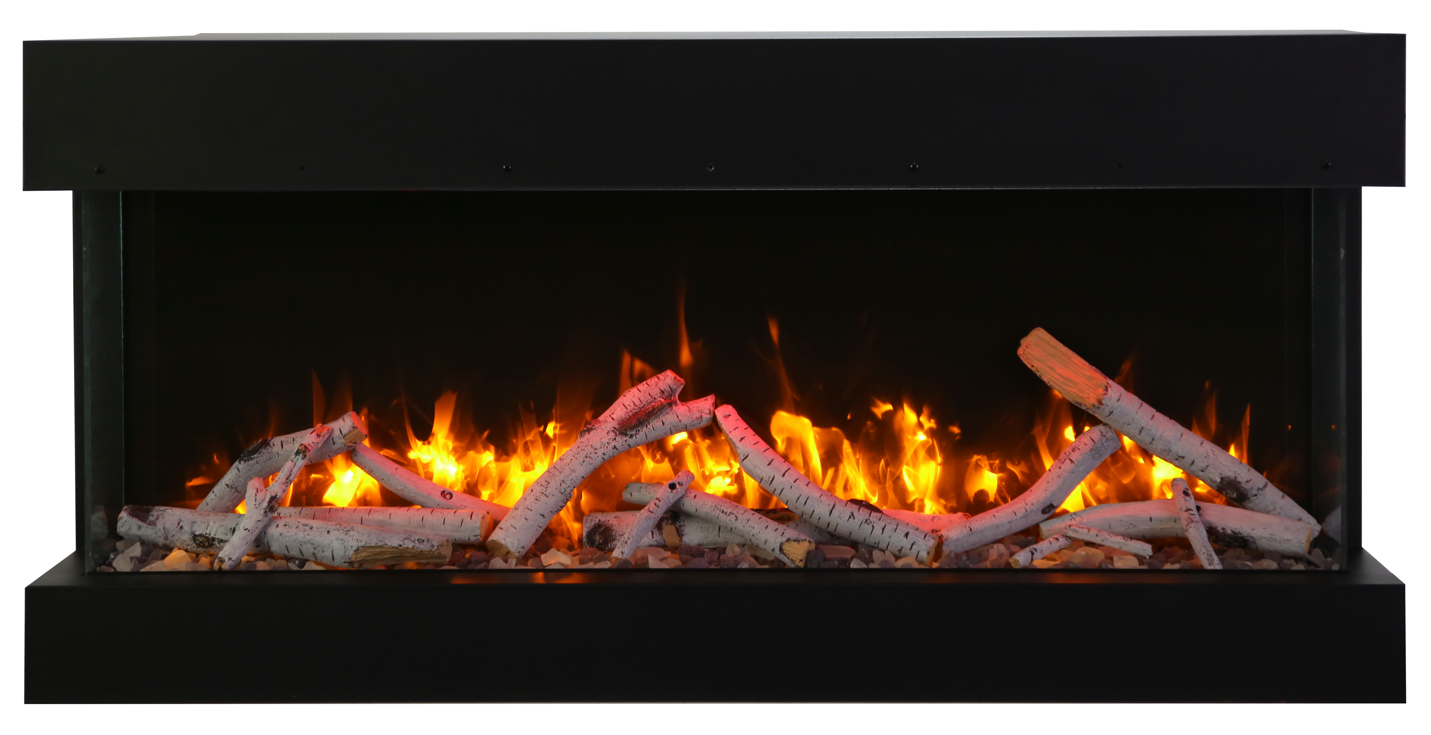 Remii by Amantii 40" BAY-SLIM Series 3 Sided Glass Electric Fireplace- 40-BAY-SLIM- Front View With 10 Pcs Birch Logs