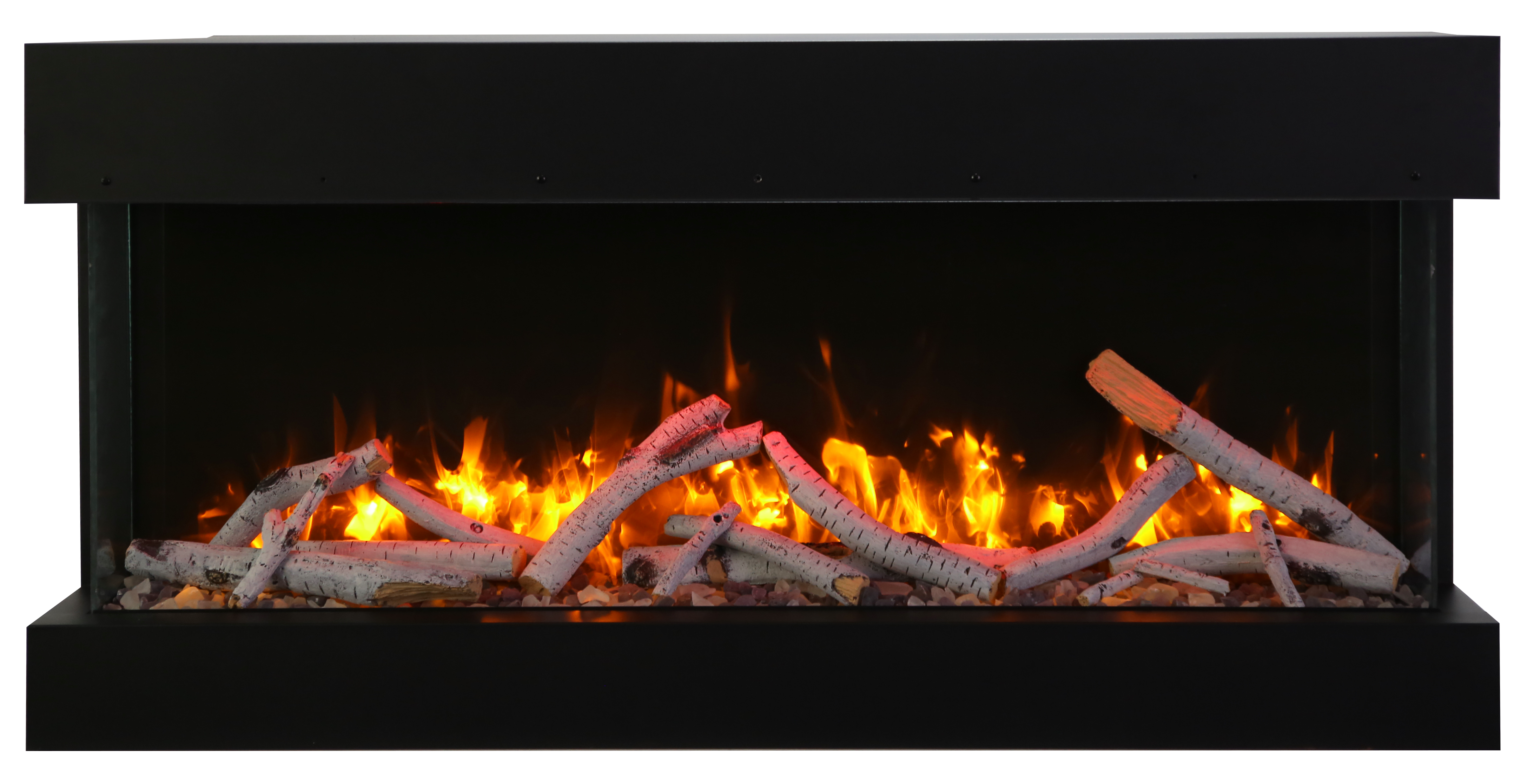 Remii by Amantii 50" BAY-SLIM Series 3 Sided Glass Electric Fireplace-50-BAY-SLIM- Front View With Birch Log Yellow