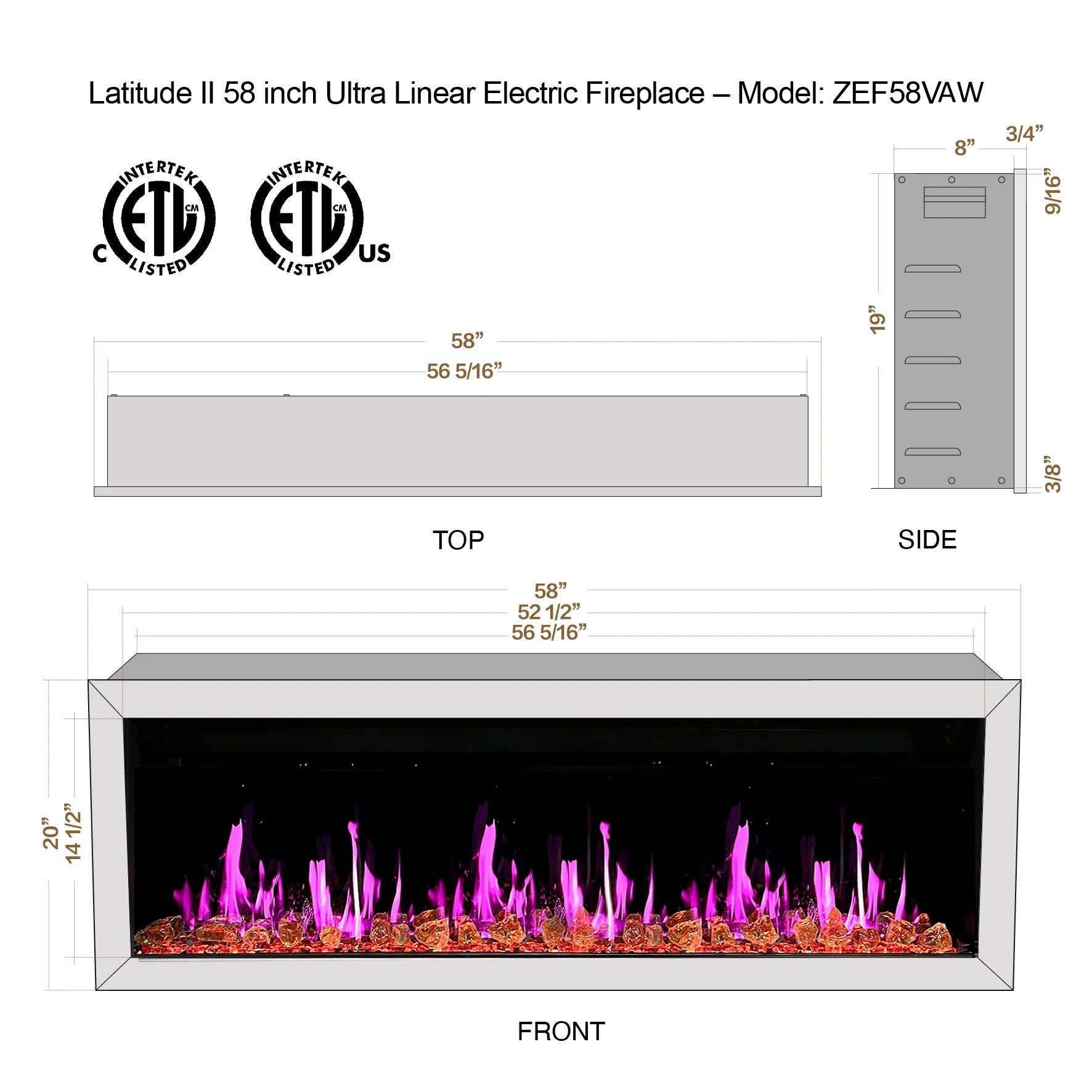 Litdeeer Gloria II 58 Seamless Push-in Electric Fireplace with Reflective Fire Glass_White_-ZEF58VAW-Dimensions