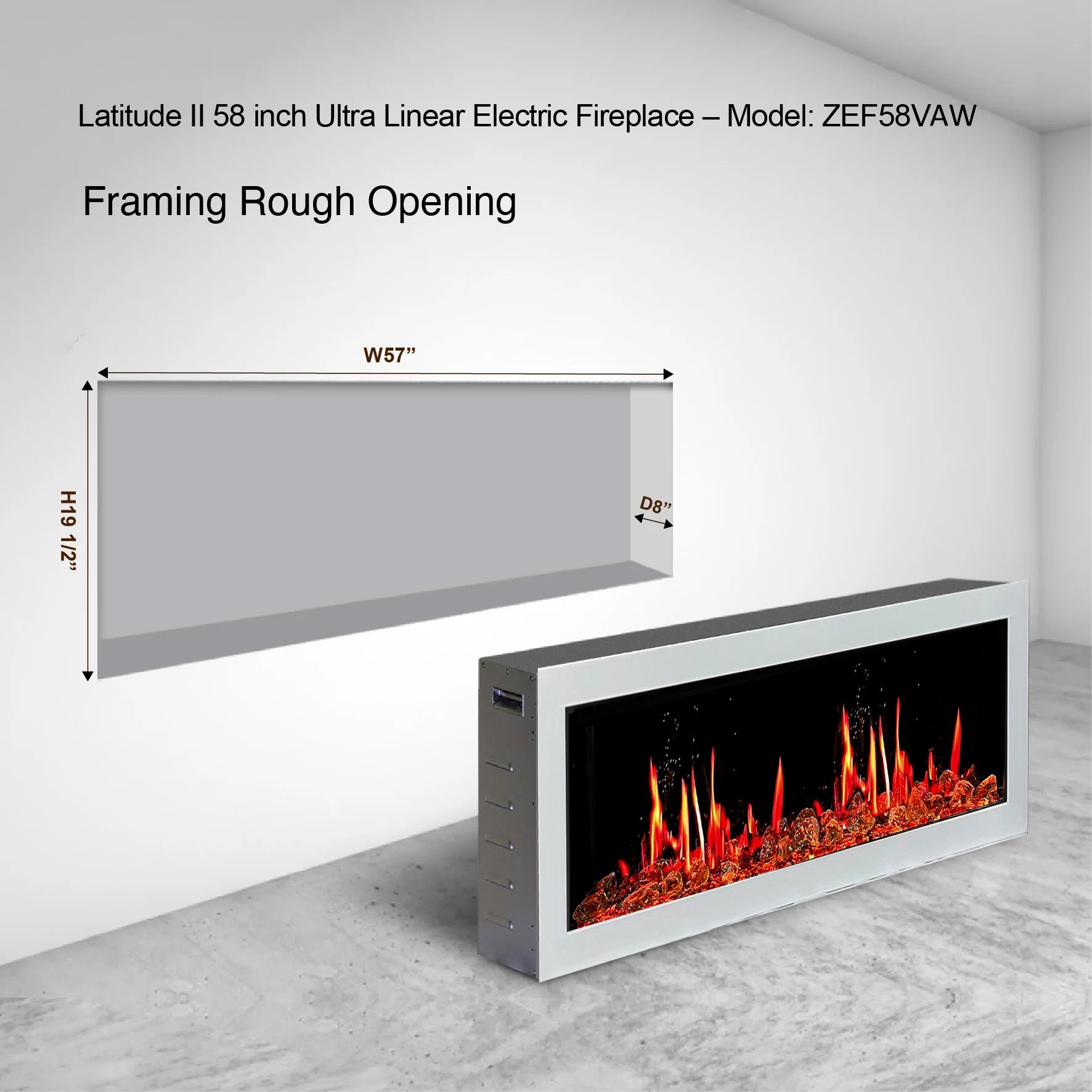 Litdeeer Gloria II 58 Seamless Push-in Electric Fireplace with Reflective Fire Glass_White_-ZEF58VAW-Framing