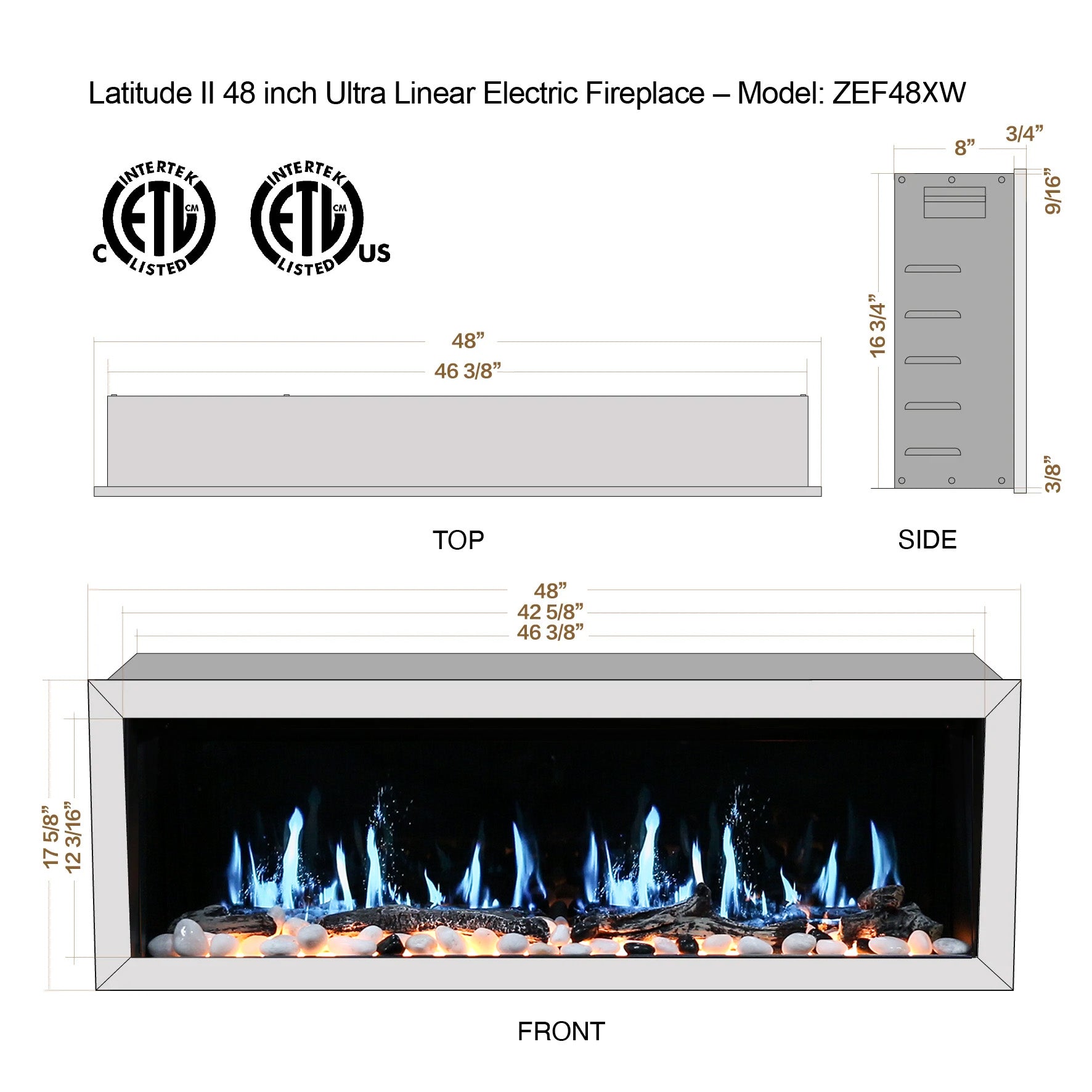 Litedeer GloriaII 48 Seamless Push-in Electric Fireplace_White_-Dimension