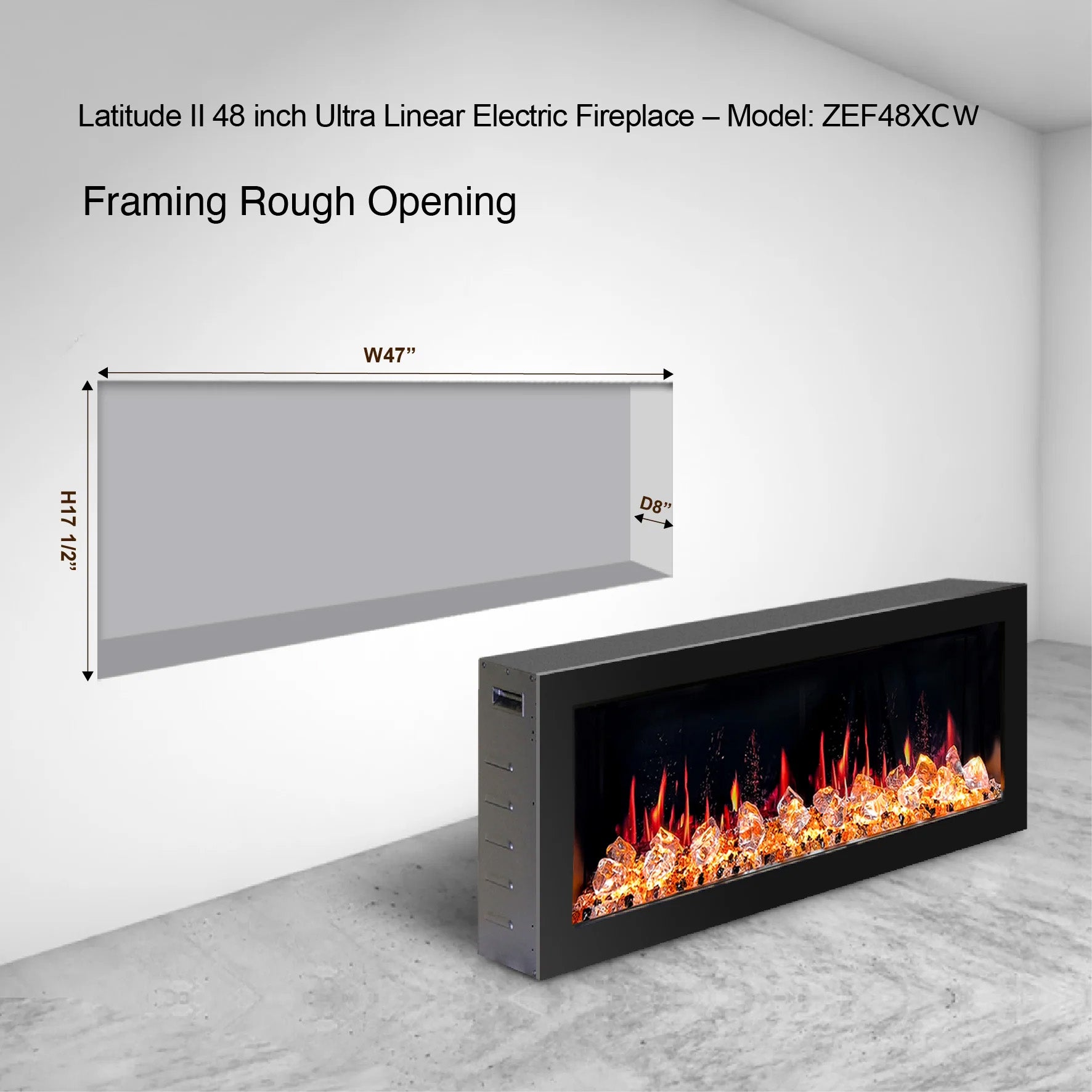 Litedeer Gloria II 48 Seamless Push-in Electric Fireplace with Acrylic Crushed Ice Rocks_White_-ZEF48XCW-Framing