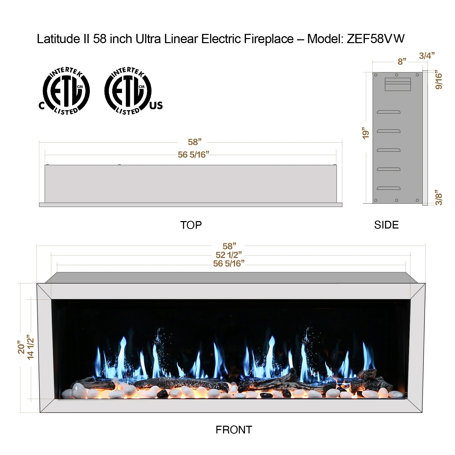Litedeer Gloria II 58 Seamless Push-in Electric Fireplace_White_-ZEF58VW-Dimensions