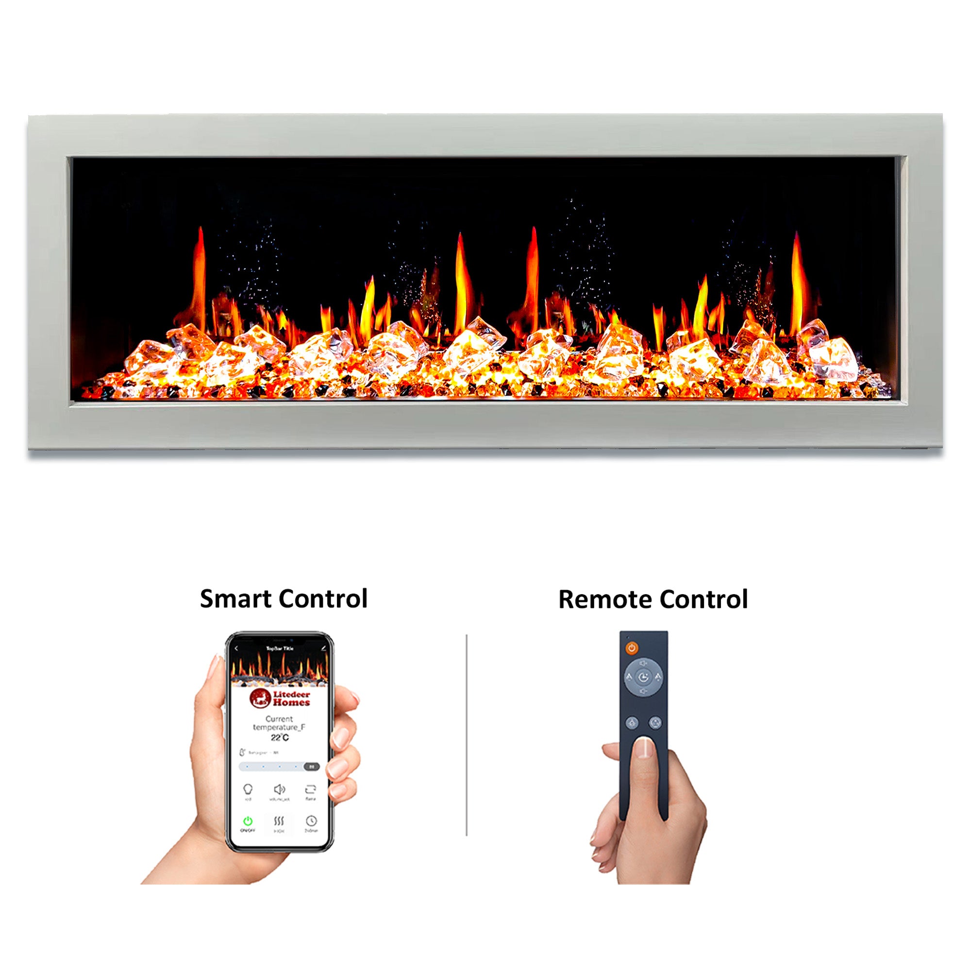 Litedeer Gloria II 58 Seamless Push-in Electric Fireplace with Acrylic Crushed Ice Rocks_White_-ZEF58VCW-Control