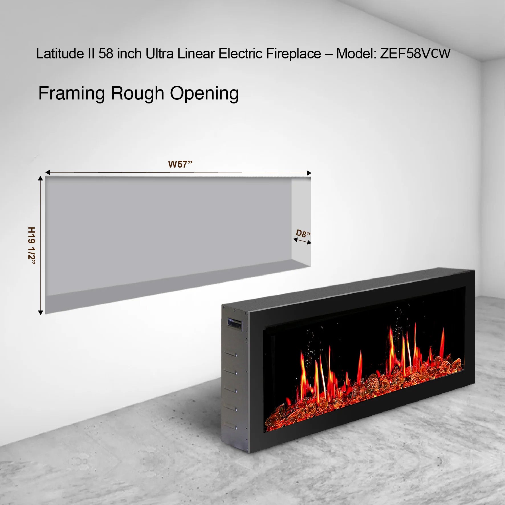 Litedeer Gloria II 58 Seamless Push-in Electric Fireplace with Acrylic Crushed Ice Rocks_White_-ZEF58VCW-Framing