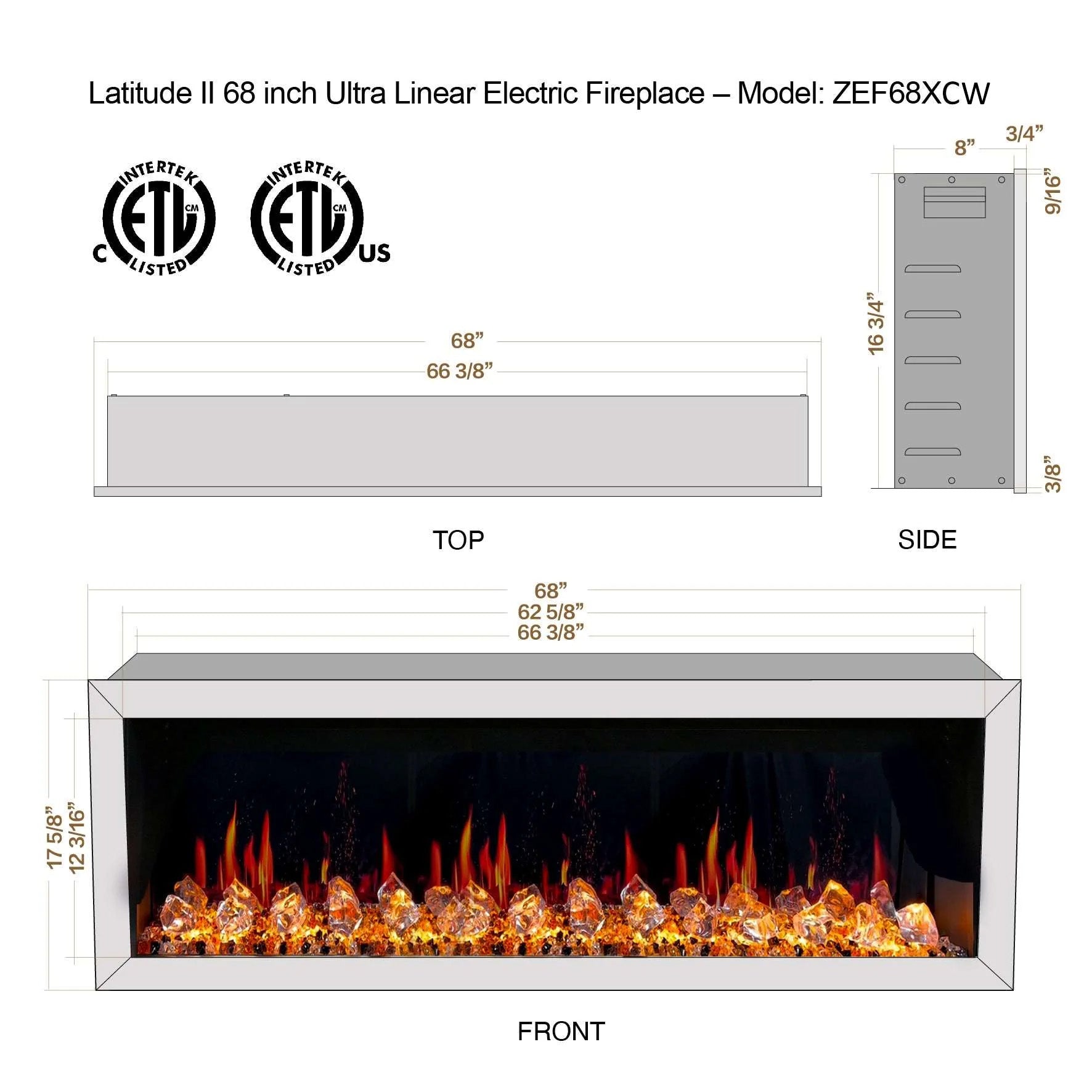 Litedeer Gloria II 68 Seamless Push-in Electric Fireplace with Acrylic Crushed Ice Rocks_White_-ZEF68XCW-Dimensions