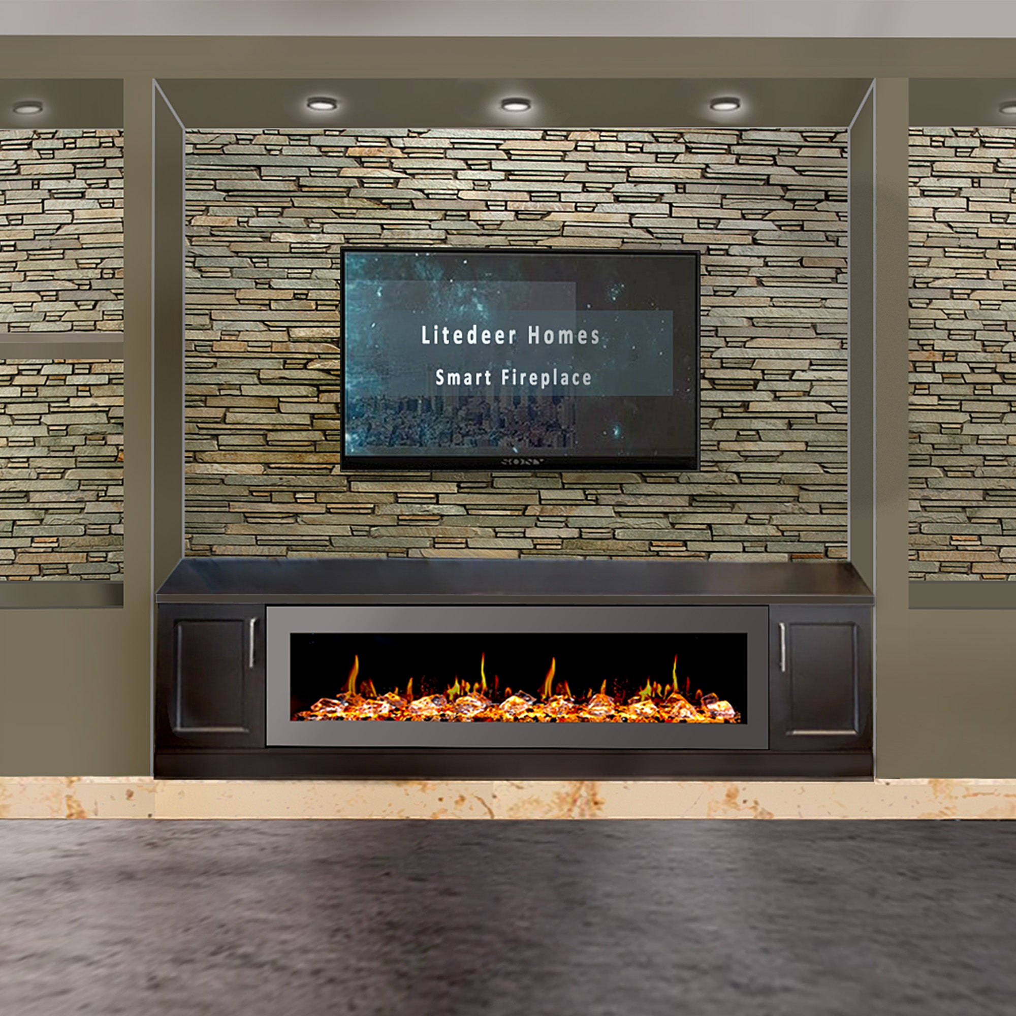 Litedeer Gloria II 68 Seamless Push-in Electric Fireplace with Acrylic Crushed Ice Rocks_White_-ZEF68XCW-Lifestyle Living Room