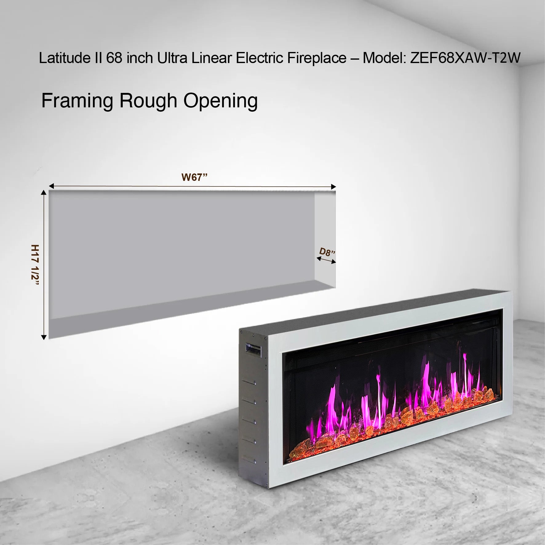 Litedeer Gloria II 68 Seamless Push-in Electric Fireplace with Reflective Fire Glass_White_-ZEF68XAW-Framing