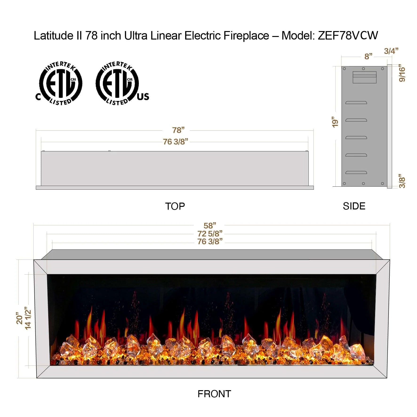 Litedeer Gloria II 78 Seamless Push-in Electric Fireplace with Acrylic Crushed Ice Rocks_White_-ZEF78VCW-Dimensions