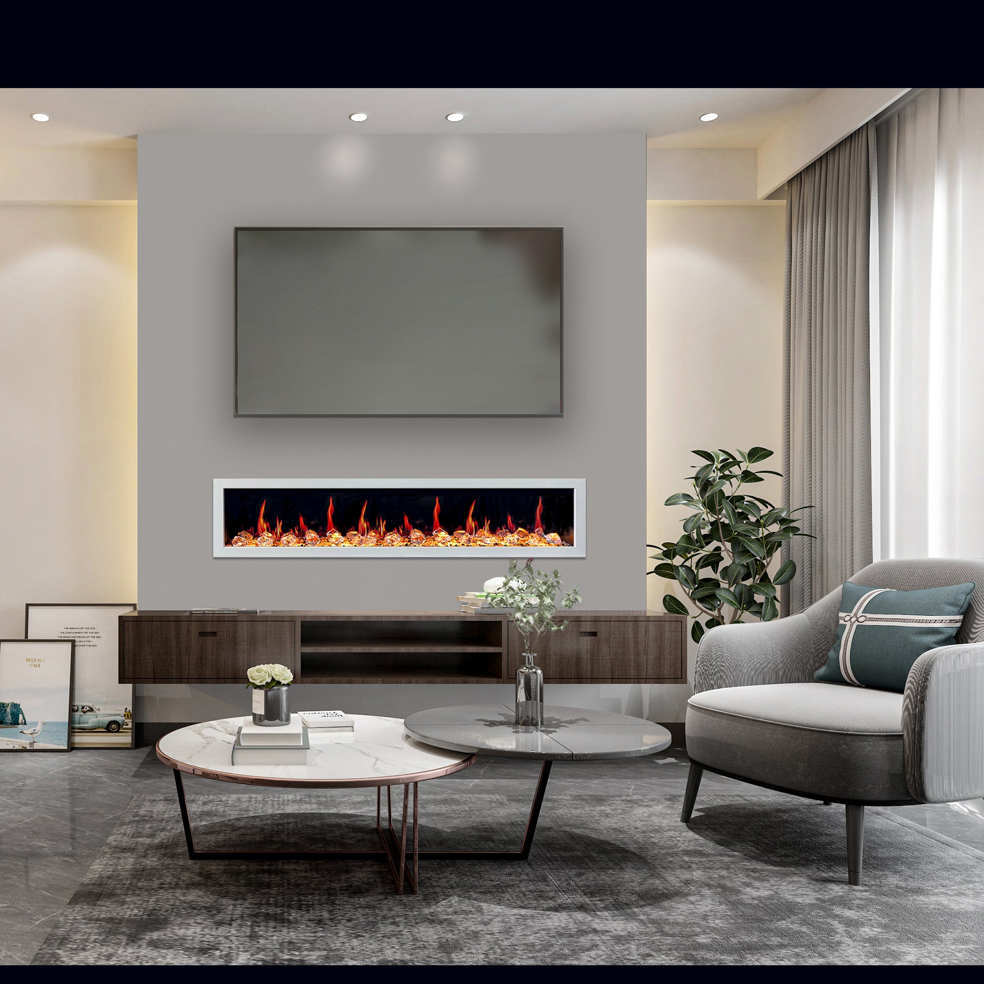 Litedeer Gloria II 78 Seamless Push-in Electric Fireplace with Acrylic Crushed Ice Rocks_White_-ZEF78VCW-Lifestyle Living Room
