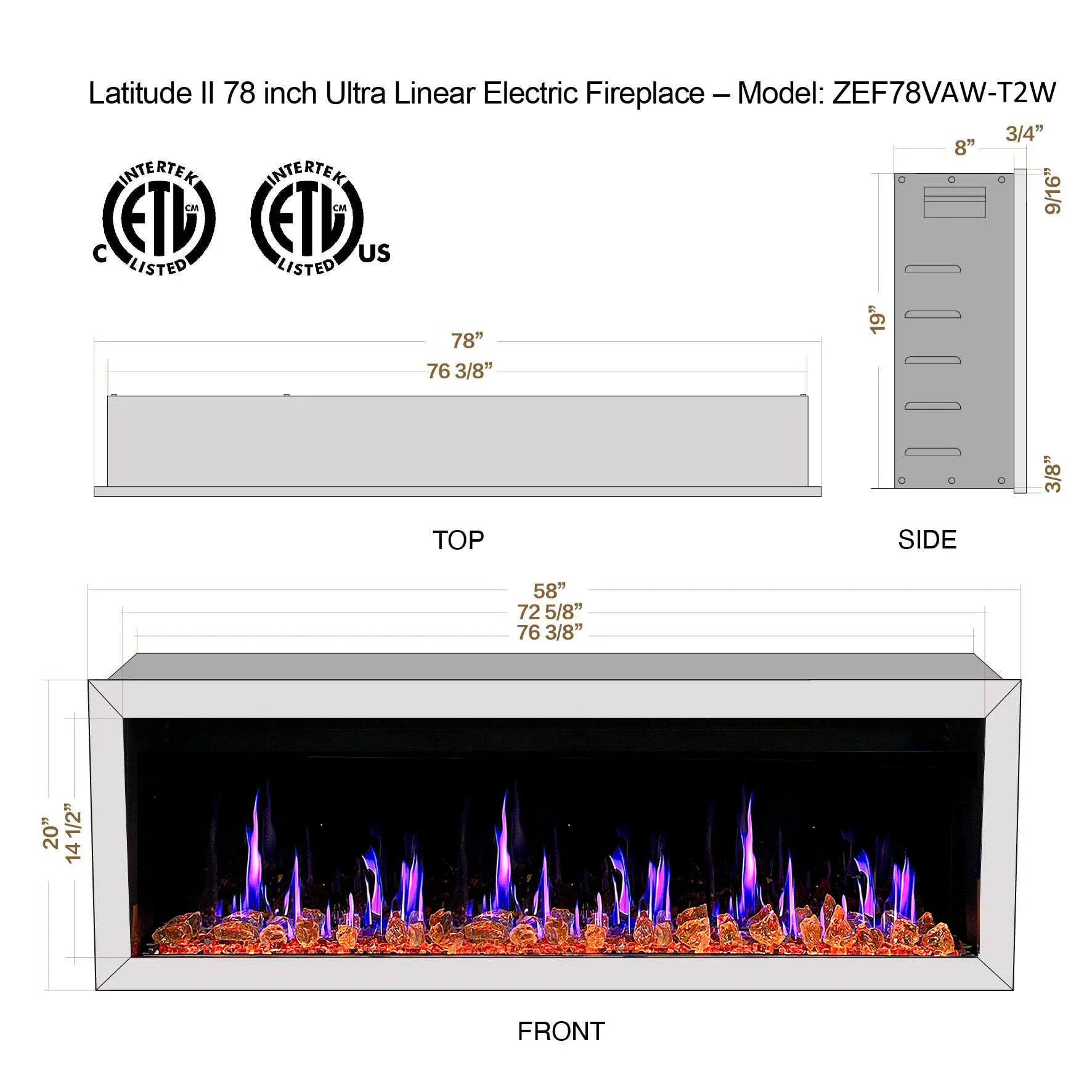 Litedeer Gloria II 78 Seamless Push-in Electric Fireplace with Reflective Fire Glass_White_-ZEF78VAW-Dimensions
