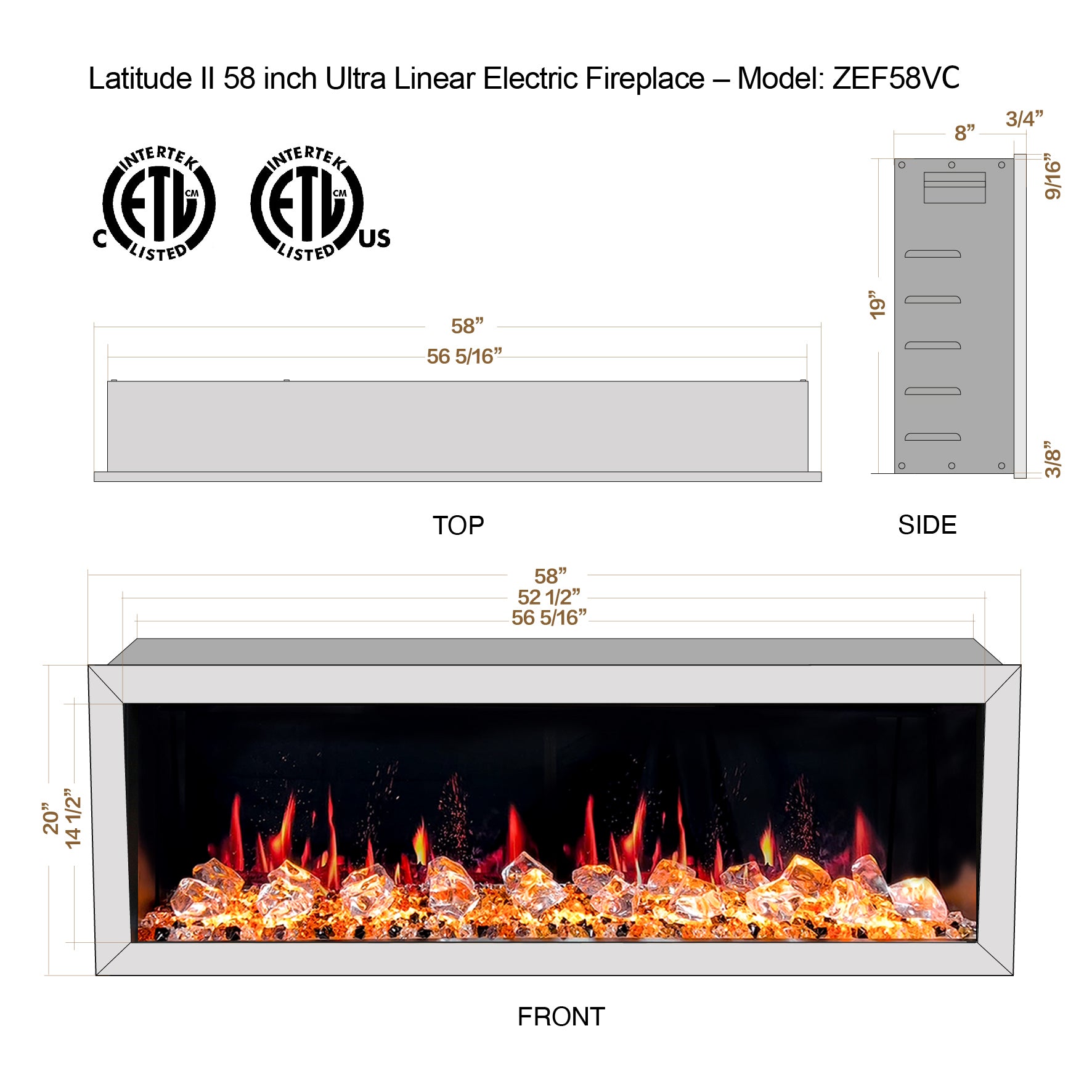 Litedeer Latitude II 58 Seamless Push-in Electric Fireplace_ Acrylic Crushed Ice Rocks-ZEF58VC-Dimensions