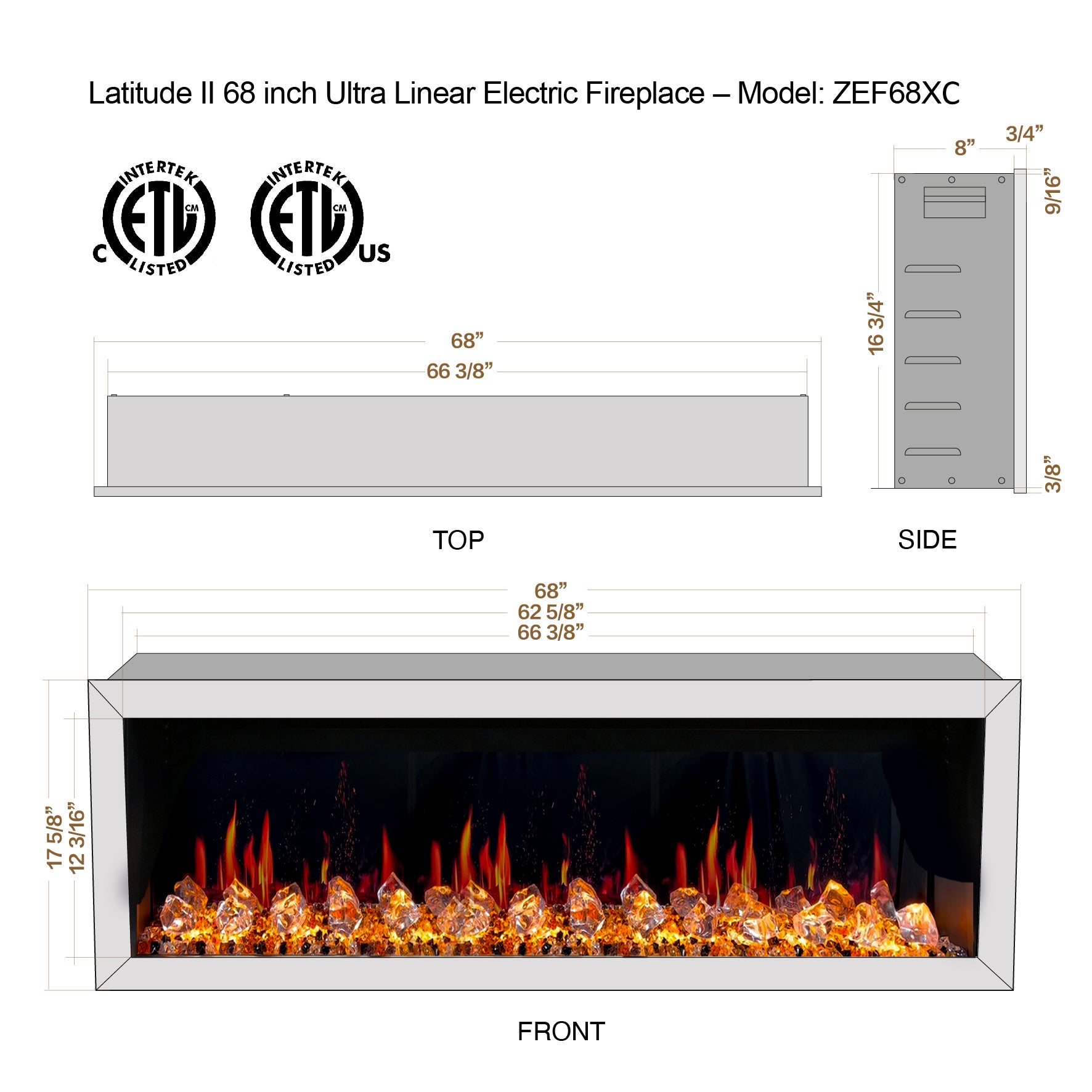 Litedeer Latitude II 68 Seamless Push-in Electric Fireplace_Acrylic Crushed Ice Rocks-ZEF68XC-Dimensions
