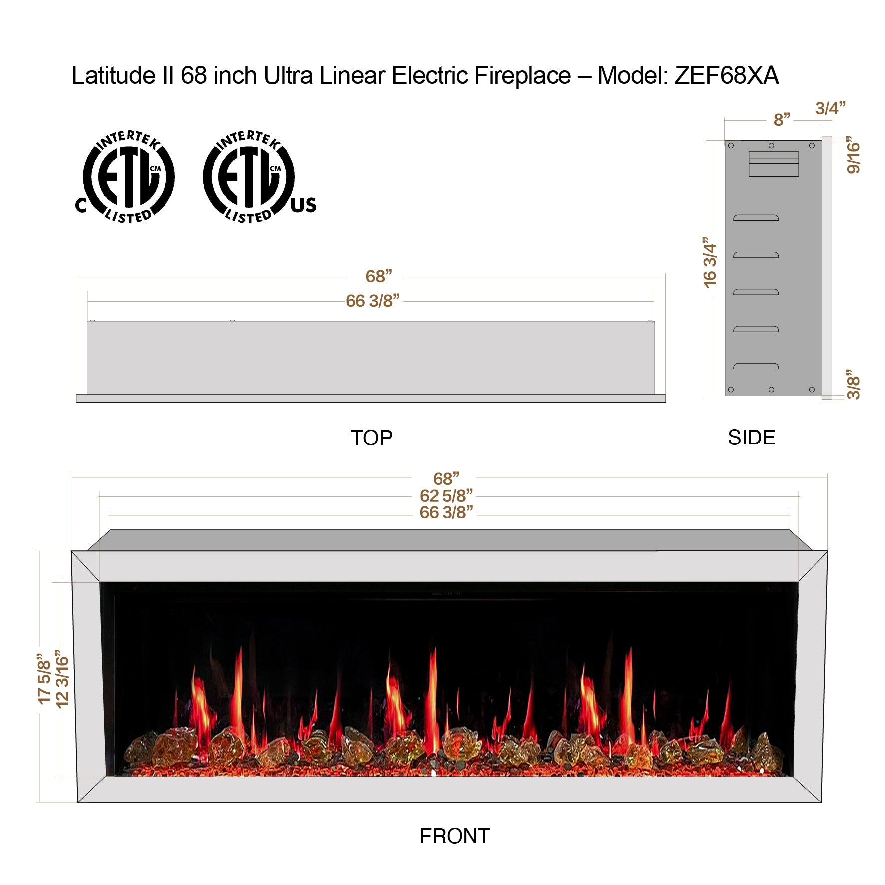 Litedeer Latitude II 68 Seamless Push-in Electric Fireplace_Reflective Fire Glass_Luster Copper_-ZEF68XA-Dimensions