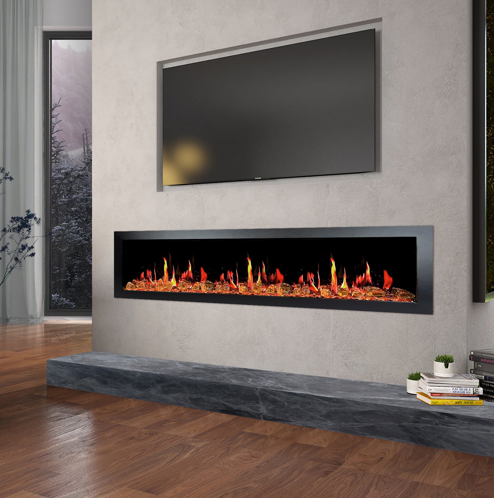 Litedeer Latitude II 68" Seamless Push-in Electric Fireplace + Reflective Fire Glass (Luster Copper)