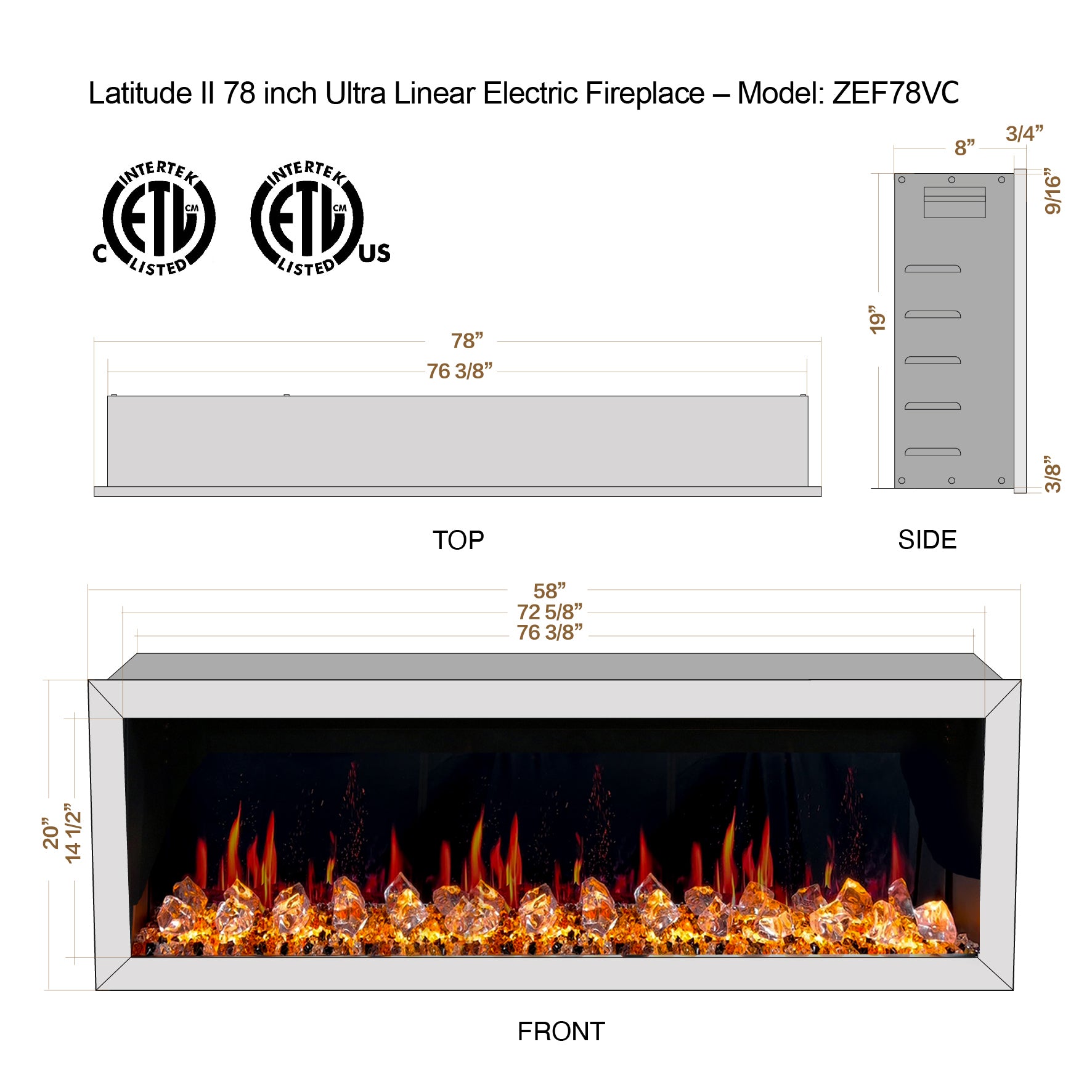 Litedeer Latitude II 78 Seamless Push-in Electric Fireplace_Acrylic Crushed Ice Rocks-ZEF78VC-Dimensions