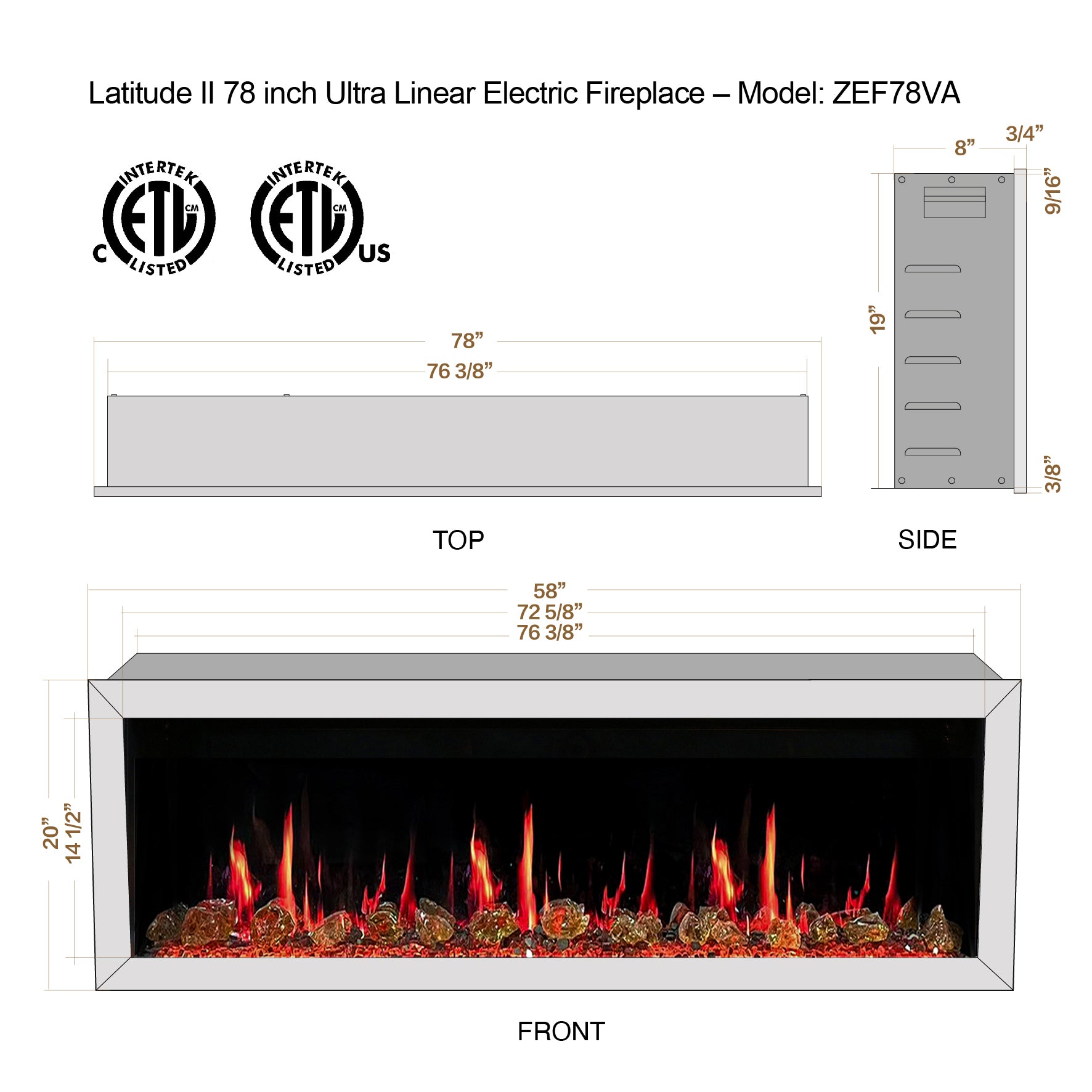 Litedeer Latitude II 78 Seamless Push-in Electric Fireplace_Reflective Fire Glass_Luster Copper_-ZEF78VA-Dimension