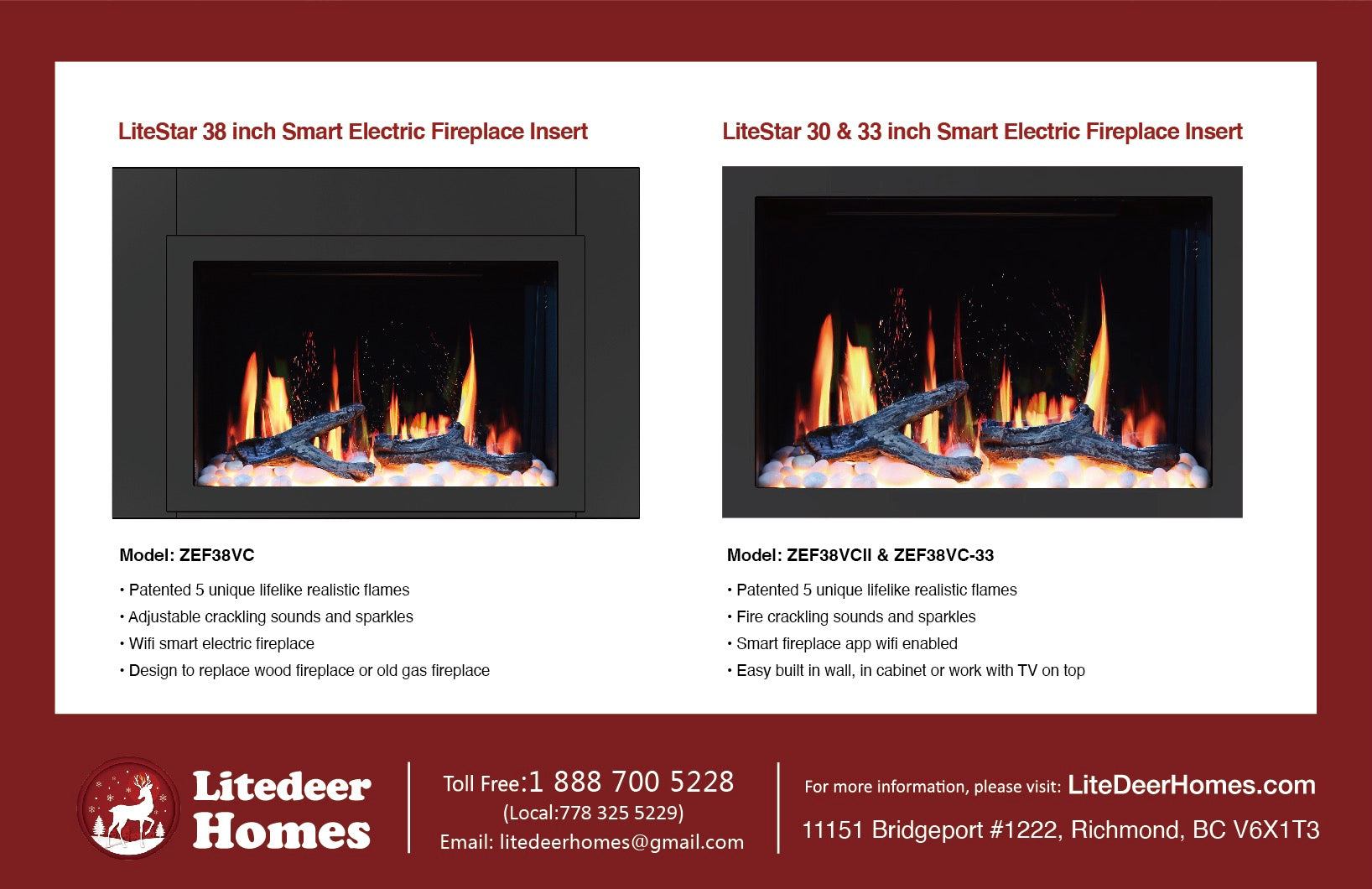 Litedeer LiteStar 33 inch Smart Electric Fireplace Inserts-ZEF38VC-33-MODEL