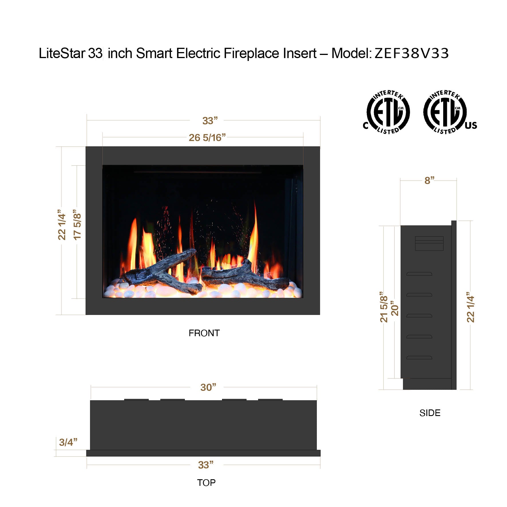 Litedeer LiteStar 33 inch Smart Electric Fireplace Inserts-ZEF38VC33-Dimensions