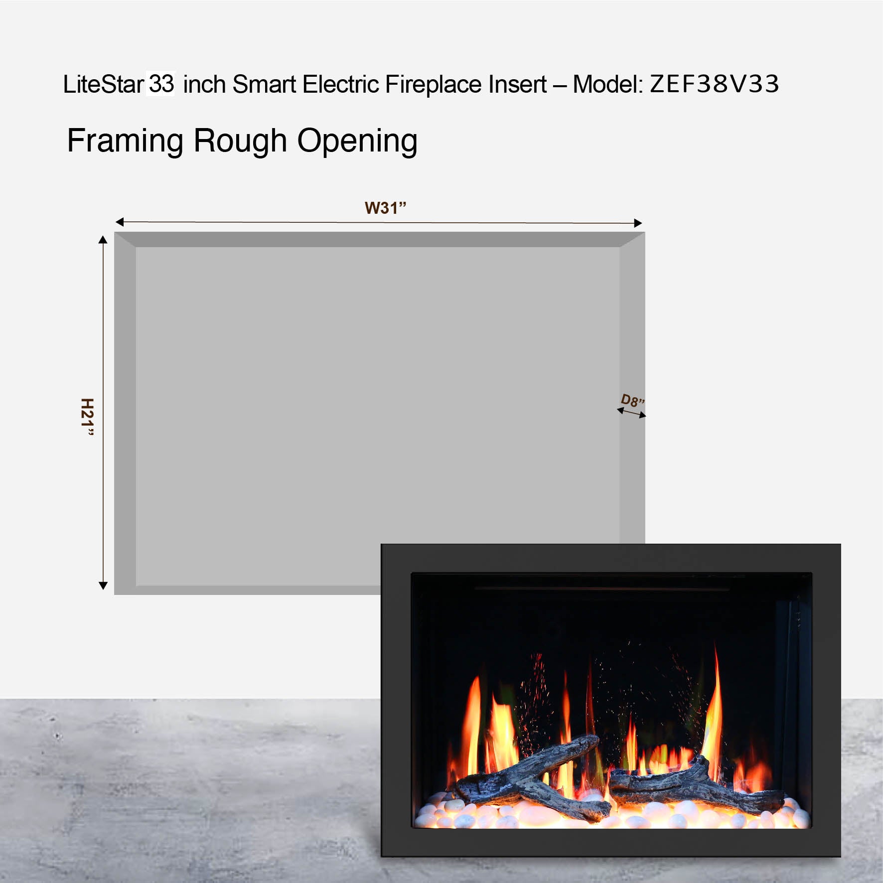 Litedeer LiteStar 33 inch Smart Electric Fireplace Inserts-ZEF38VC33-Framing