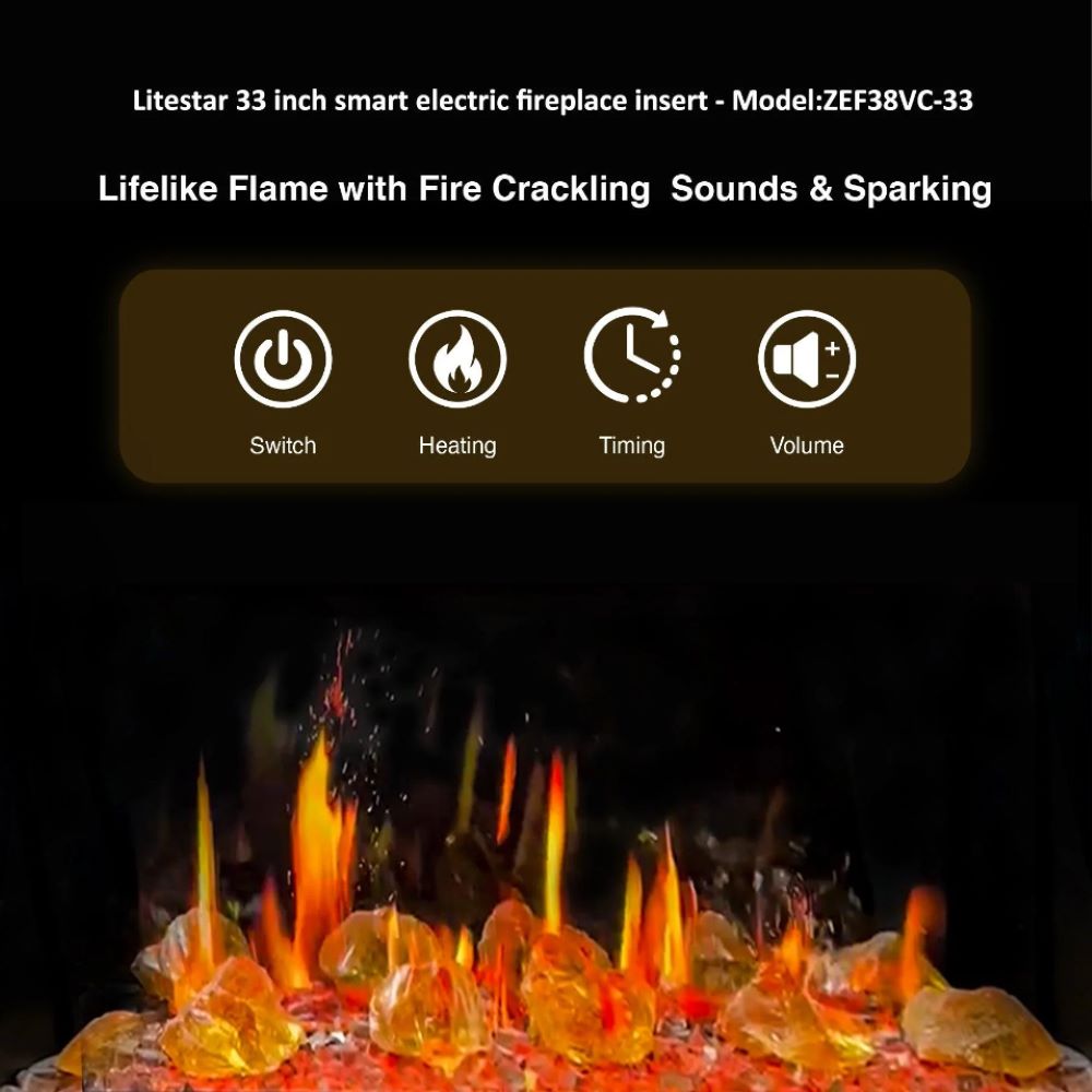 Litedeer LiteStar 33 inch Smart Electric Fireplace Inserts (Crystal Pebble)