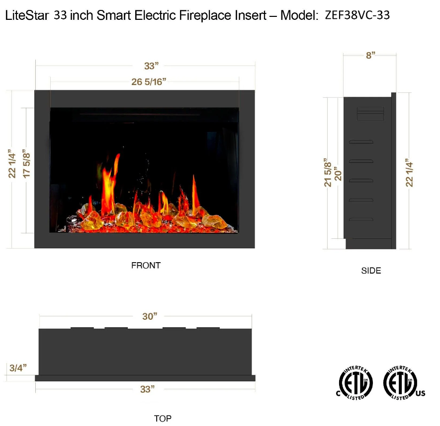 Litedeer LiteStar 33 inch Smart Electric Fireplace Inserts_Luster Copper-Amber Glass_-ZEF38VC-33-A-Dimensions