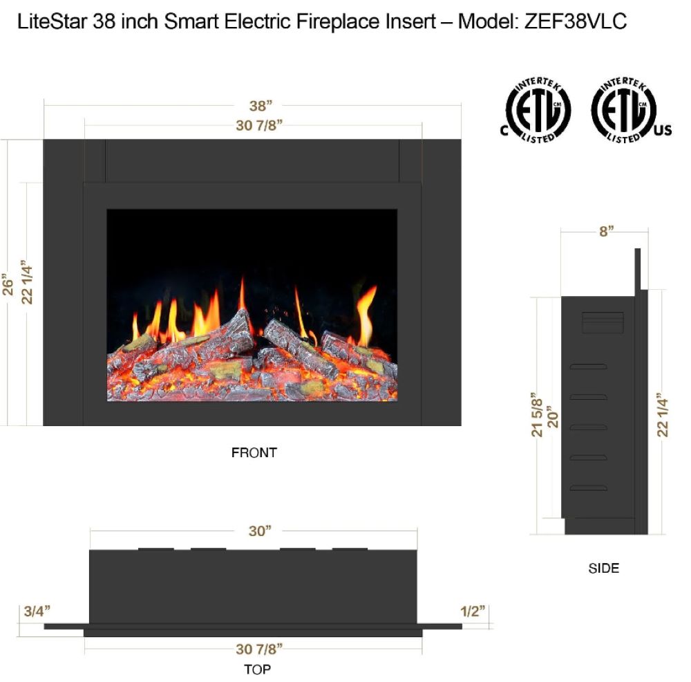 Litedeer LiteStar 38 inch Smart Electric Fireplace Inserts-ZEF38VC-Dimensions