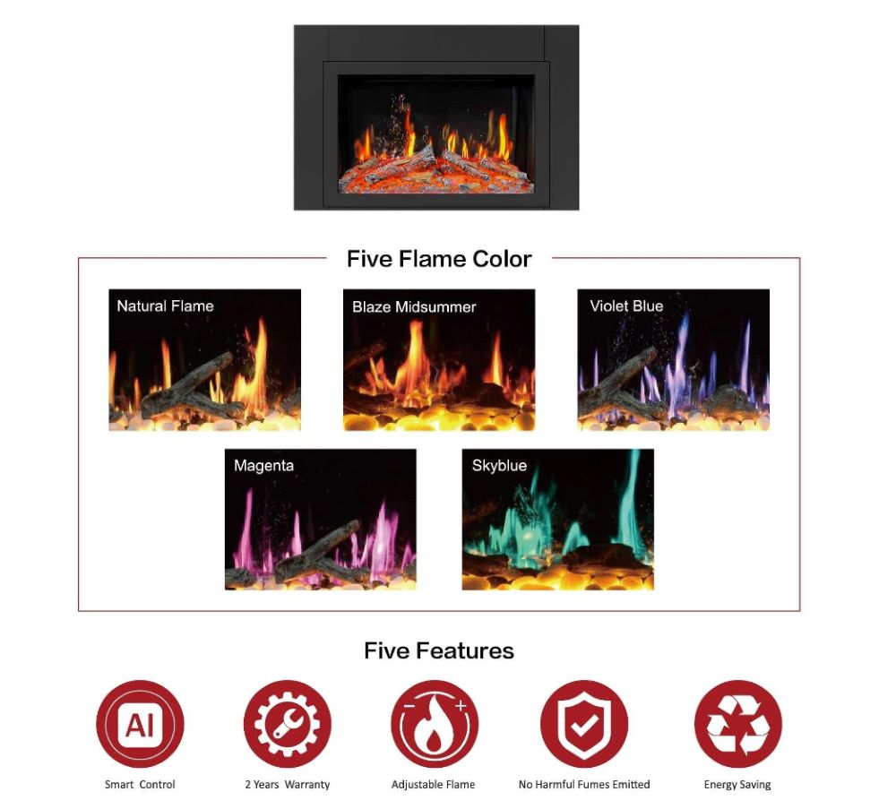 Litedeer LiteStar 38 inch Smart Electric Fireplace Inserts-ZEF38VC- Flame Color