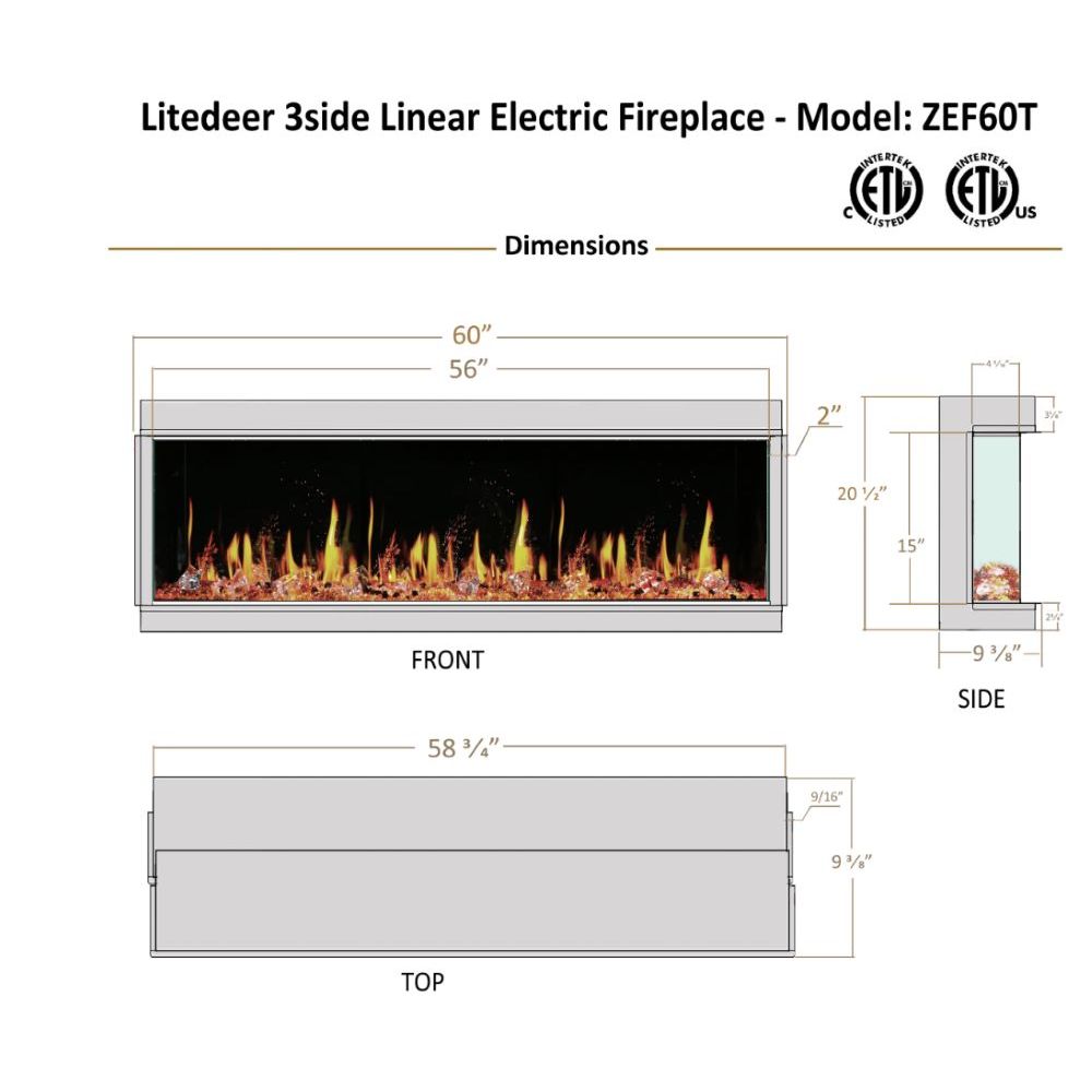 Litedeer Warmcastle 60 inch 3 Side Smart Control Electric Fireplace with Crystal Media_ZEF60T_Dimensions