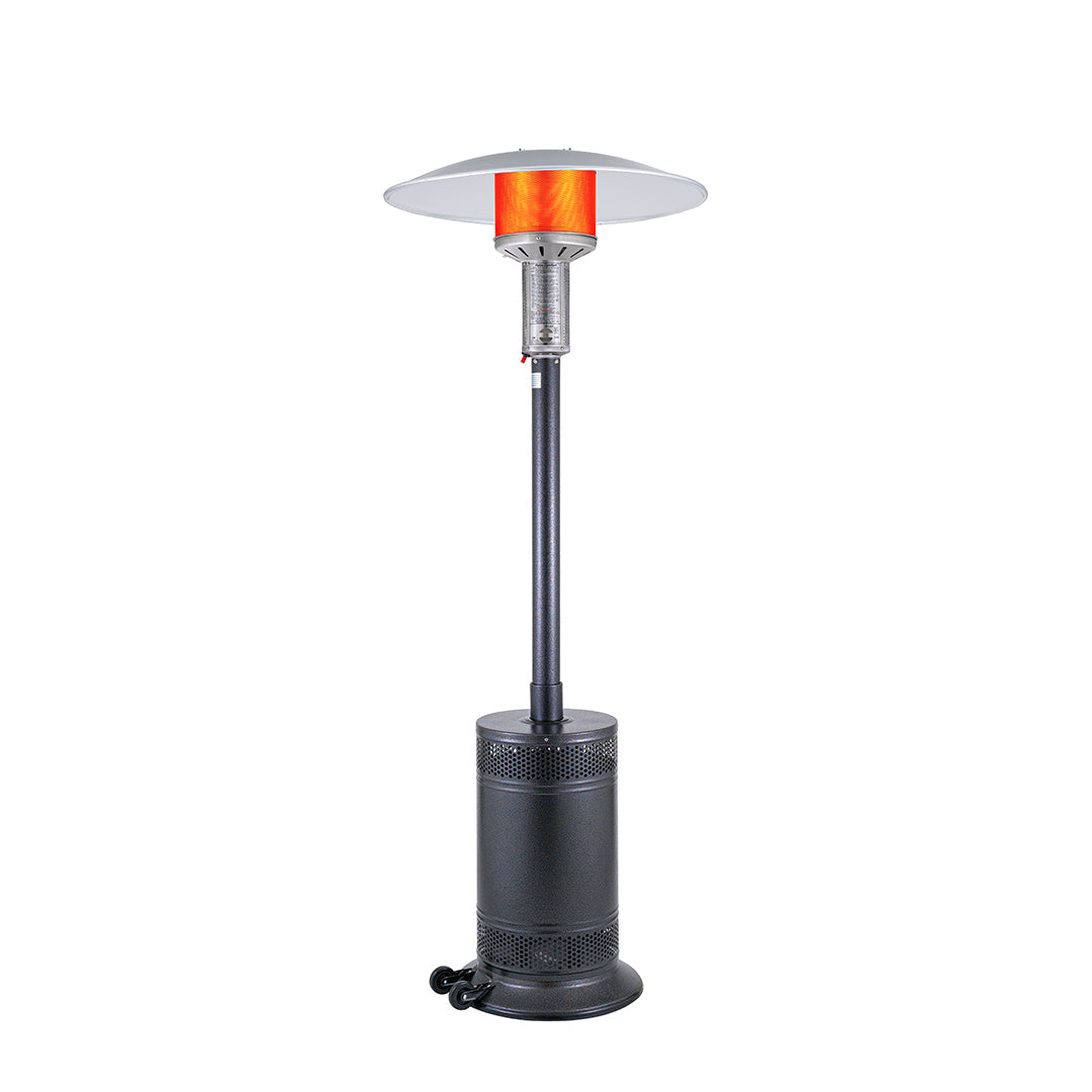 Patio Comfort Propane Patio Heater with Push Button Ignition -Jet/Silver Vein- PC02J - Heater On