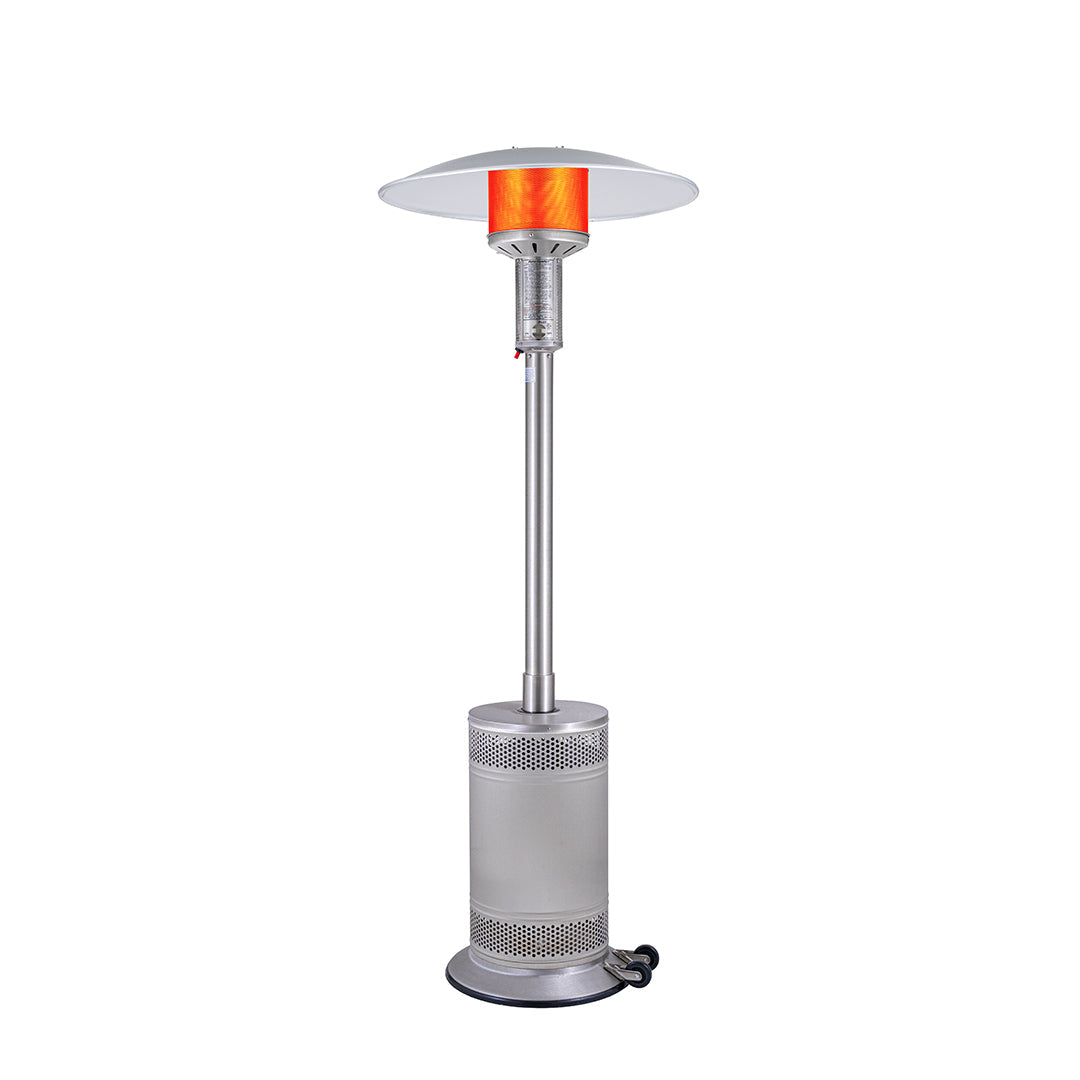 Patio Comfort Propane Patio Heater with Push Button Ignition - Stainless Steel- PC02SS - Heater On