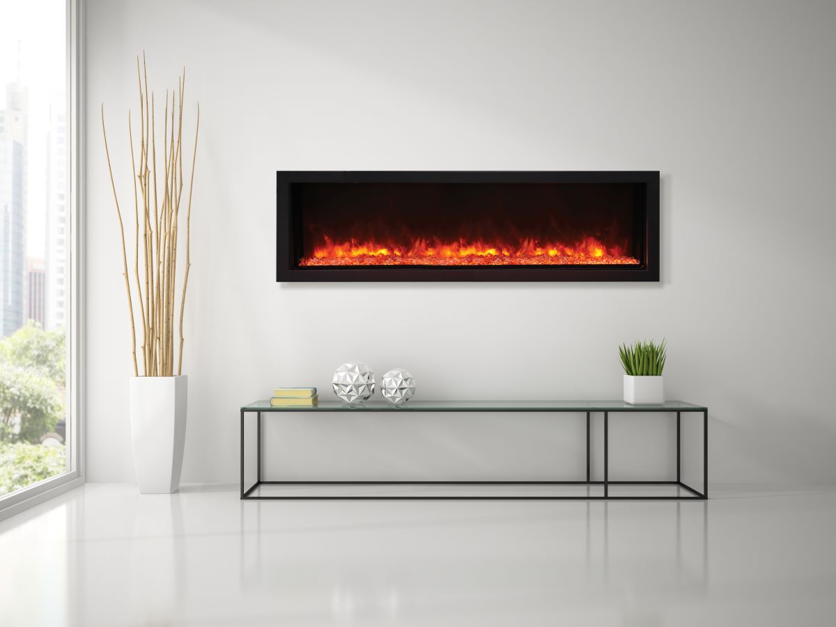 Remii by Amantii 55" Extra Slim Wall Mount Electric Fireplace with Black Steel Surround- WM-SLIM-55- Lifestyle Living Room