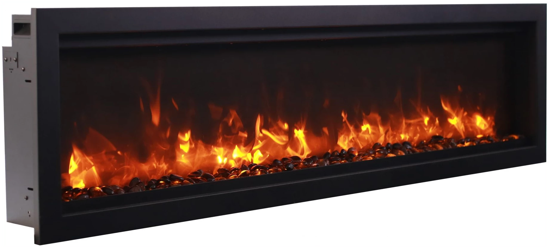 Remii By Amantii Smart Basic Clean-Face Built In Electric Fireplace with Clear Media and Black Steel Surround- Right View With Sable Yellow Flame