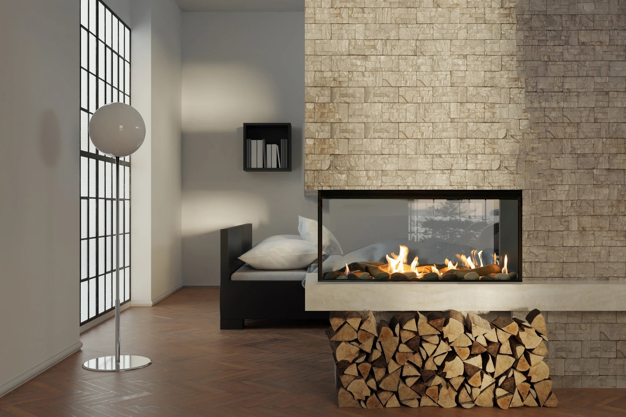 Sierra Flame Lyon 48" 4 Sided See Through Natural Gas Fireplace- Lifestyle Bedroom With Brick Wall See Through Fireplace