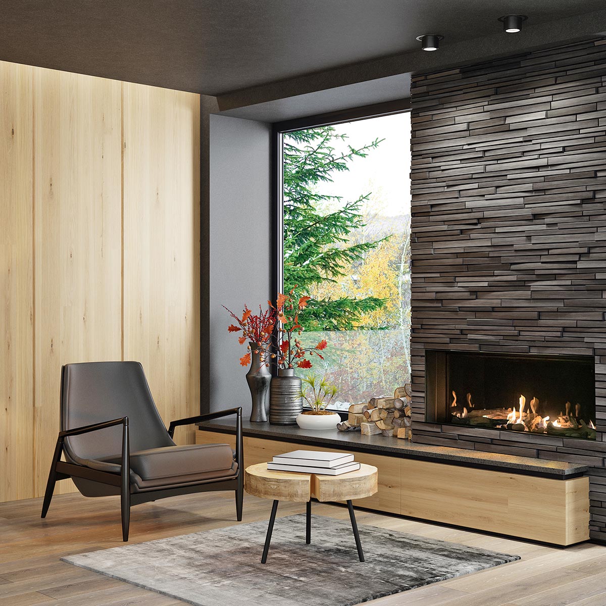 Sierra Flame Vienna Direct Vent Linear Gas Fireplace - Natural Gas or Liquid Propane- Lifestyle Living Room With Brick Wall Electric Fireplace