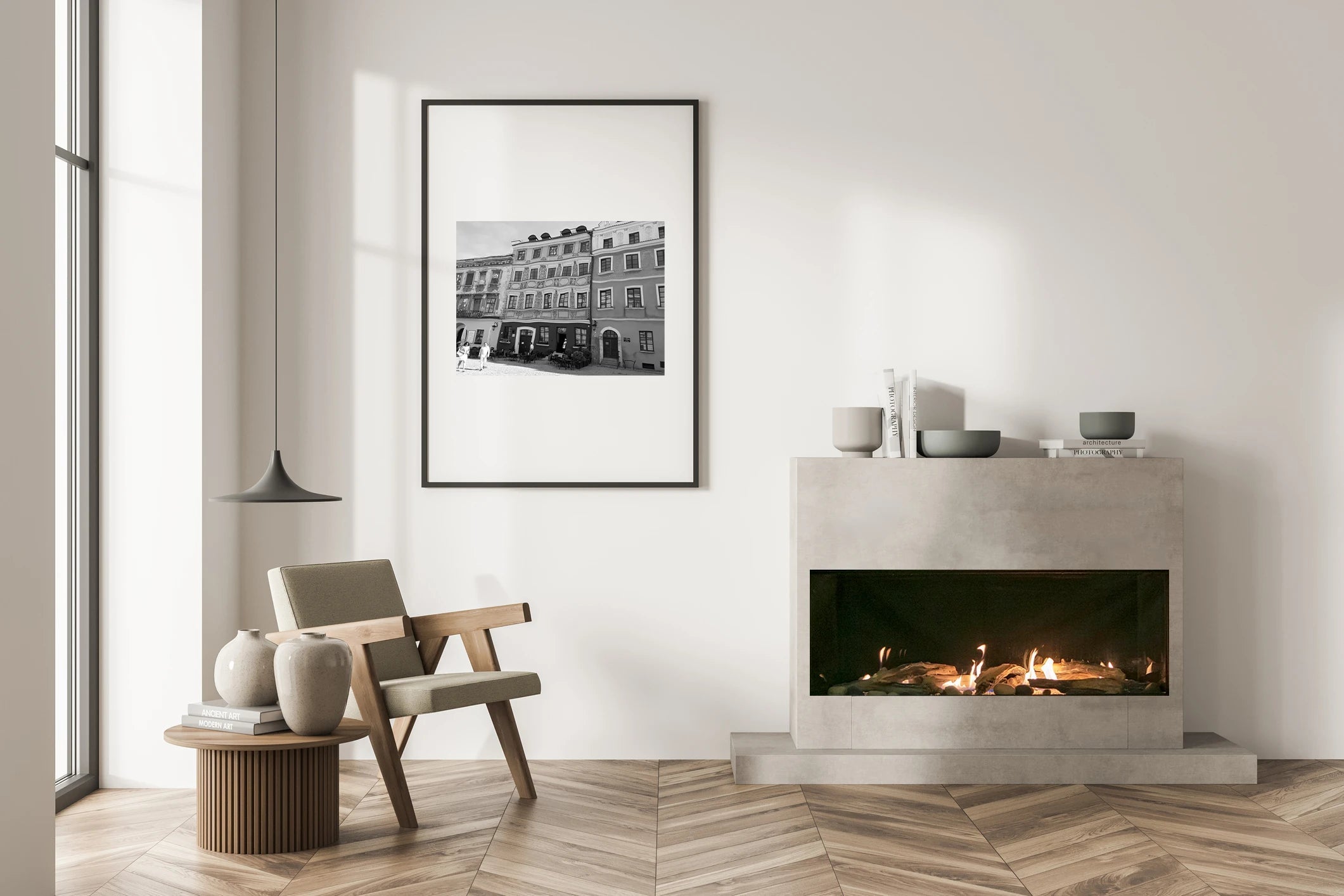 Sierra Flame Vienna Direct Vent Linear Gas Fireplace - Natural Gas or Liquid Propane- Lifestyle Minimalist Living  Room With White Wall Electric Fireplace