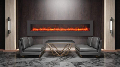 Sierra Flame by Amantii 88" Wall Mount/Flush Mount Electric Fireplace with Deep Charcoal Colored Steel Surround- WM-FML-88-9623-STL- Lifestyle With Orange Flame