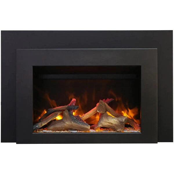 Sierra Flame by Amantii Deep 30"/34" Electric Fireplace Insert with Black Steel Surround- Front View With Log Orange Flame