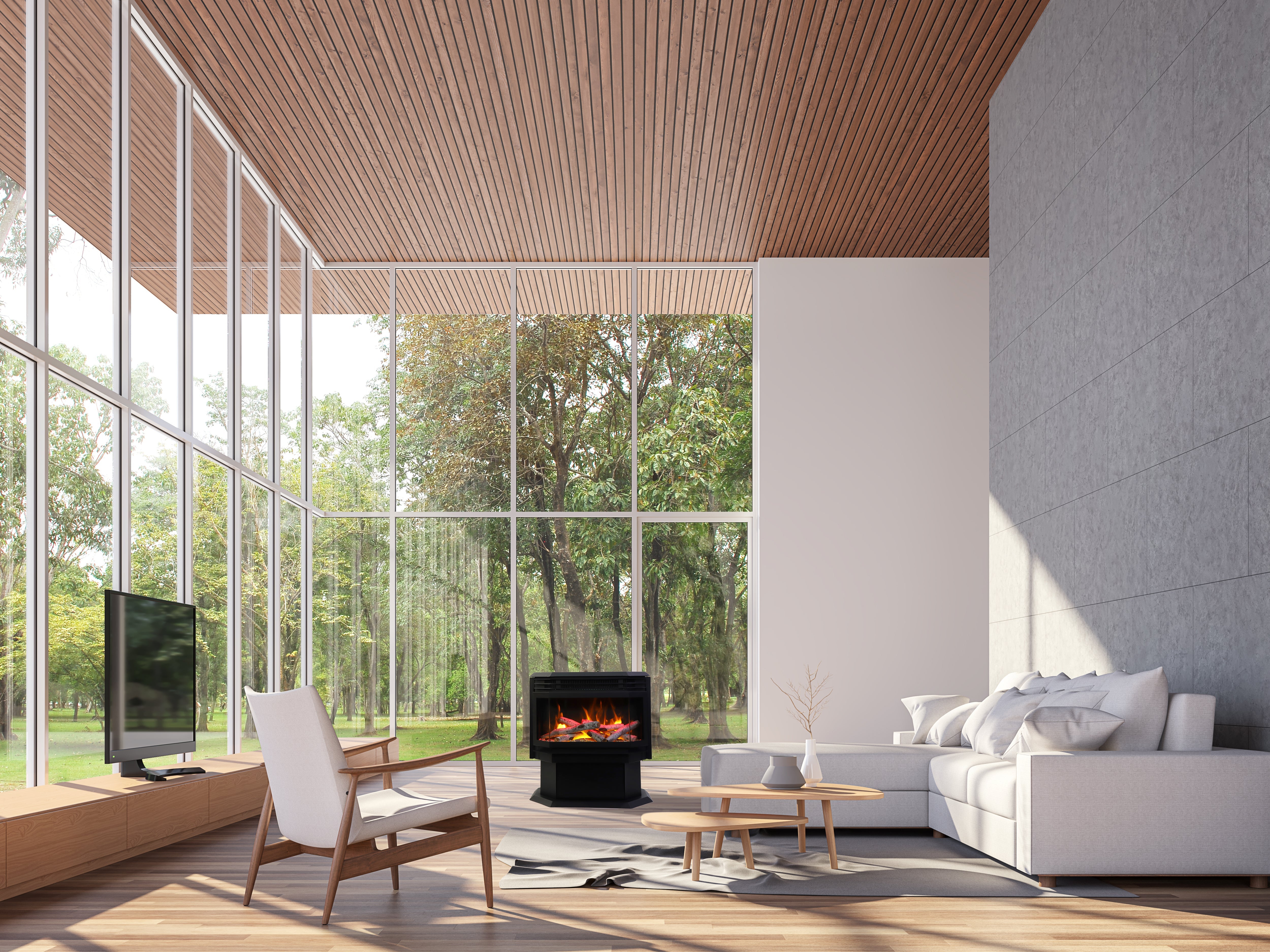 Sierra Flame by Amantii Freestanding 26" Electric Fireplace -FS-26-922- Lifestyle Living Room Glass Wall