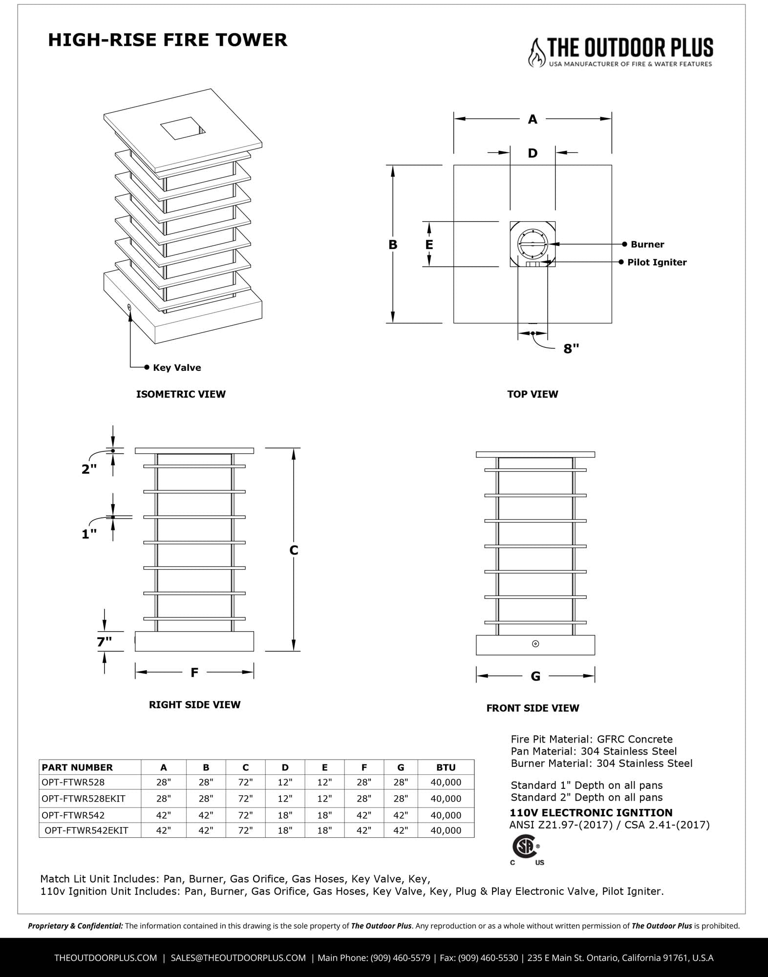 The Outdoor Plus 28" High Rise Fire Tower -Stainless Steel- Dimensions