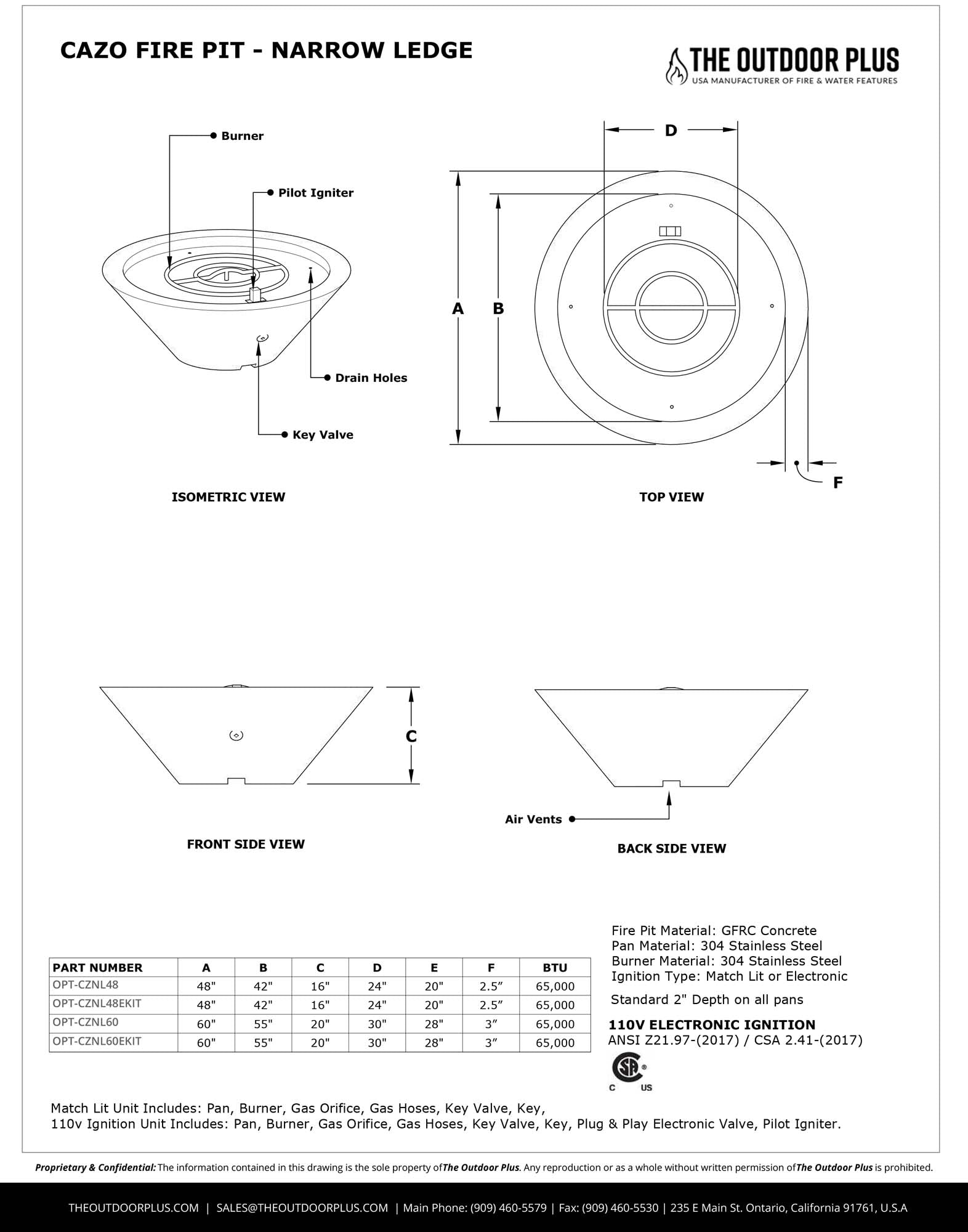 The Outdoor Plus 60" Narrow Ledge Round Cazo Fire Pit -GFRC Concrete - Dimensions